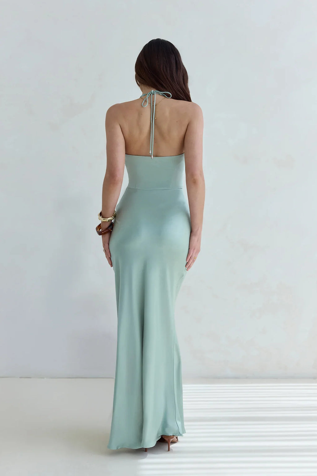 Destinations Halter Satin Maxi Dress Sage
