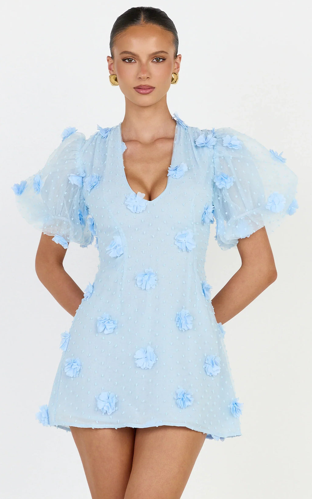 Azalea Mini Dress - Puff Sleeve 3D Floral A Line Dress in Blue