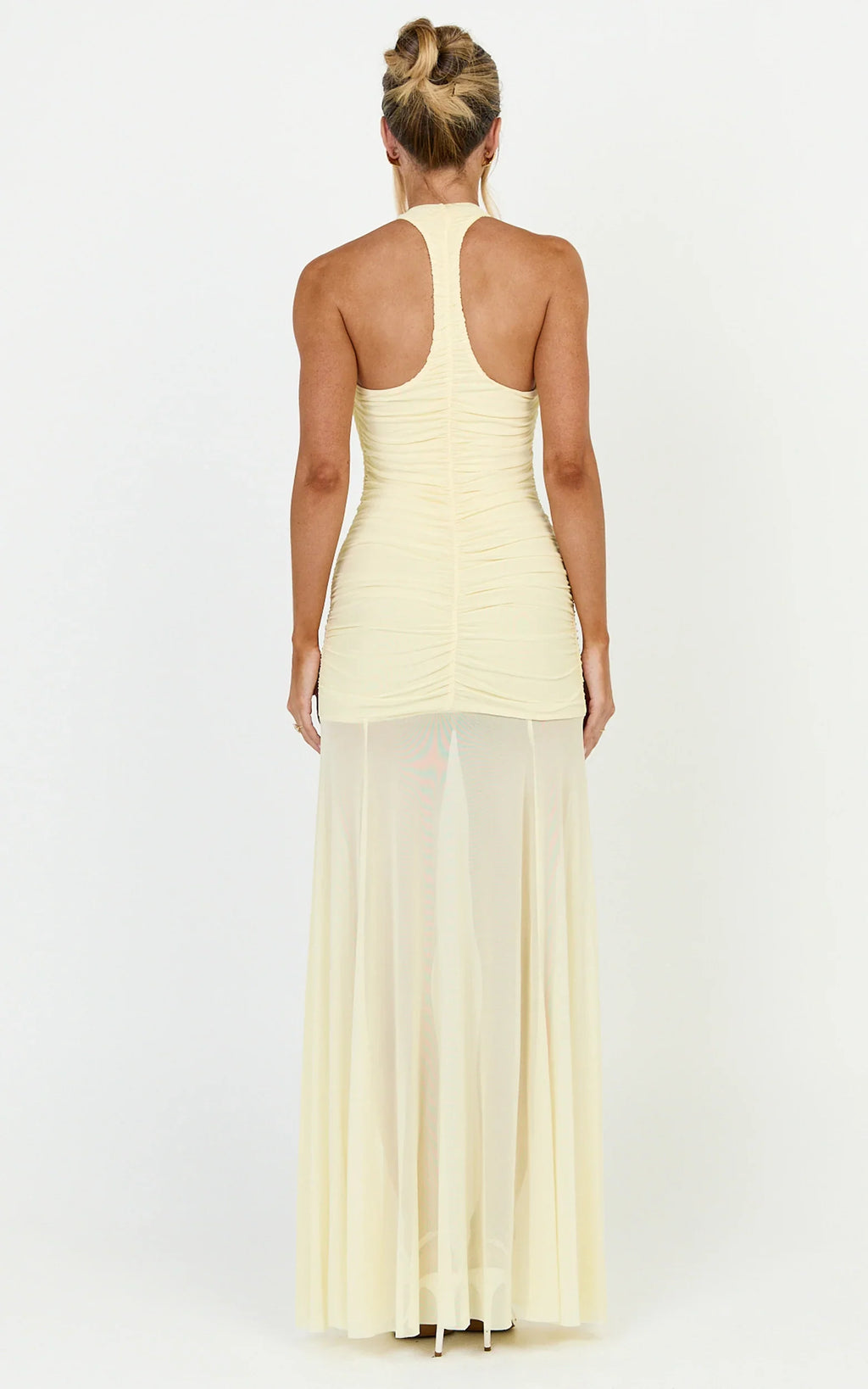 Kori Maxi Dress - Ruched Halterneck Mesh Dress With Racer Back in Lemon