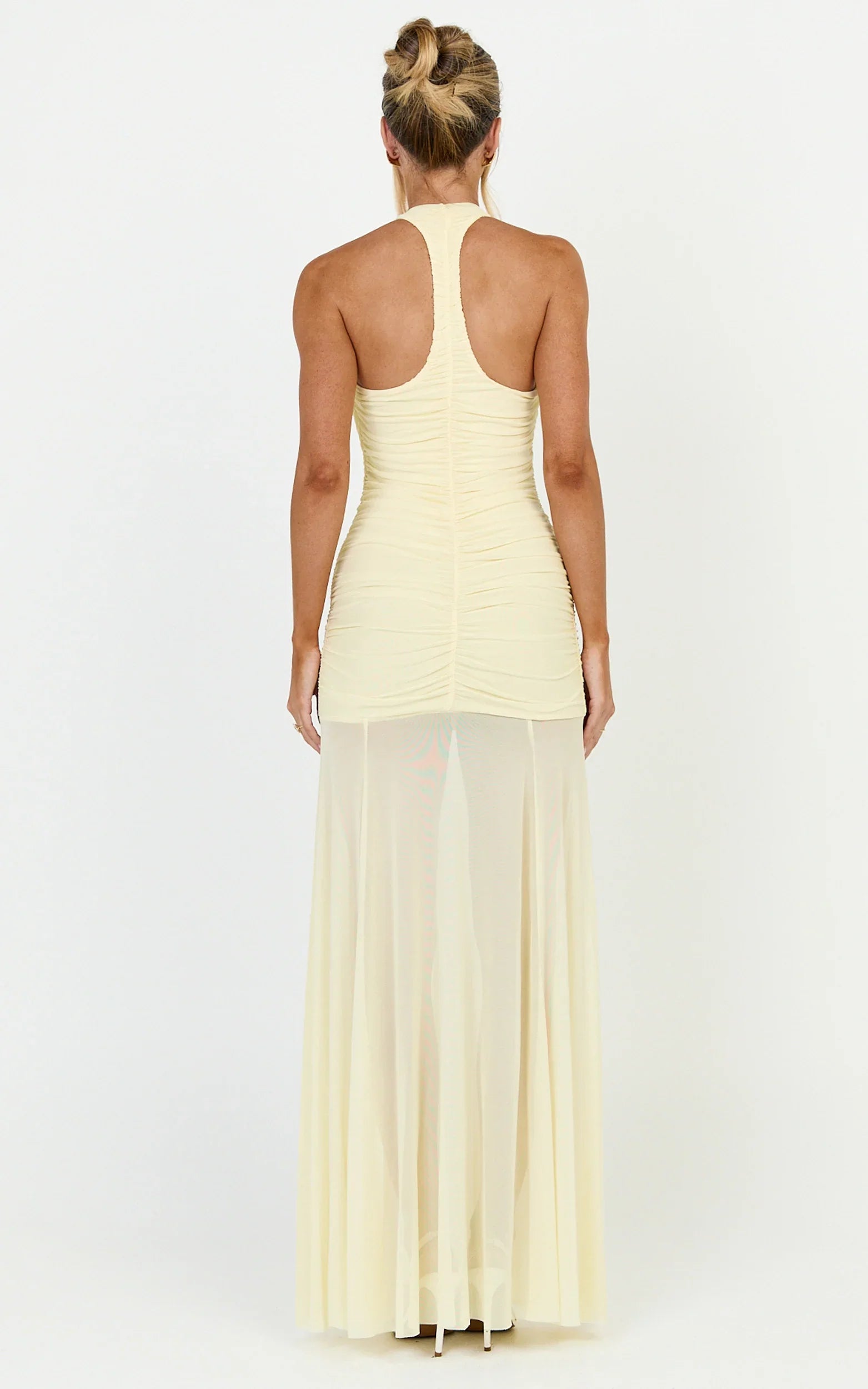Kori Maxi Dress - Ruched Halterneck Mesh Dress With Racer Back in Lemon