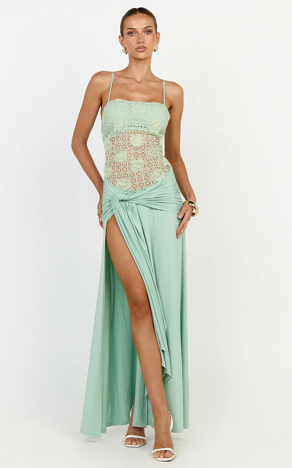 Nerissa Maxi Dress - Crochet Floral Embellished Bodice Drop Tie Waist Dress in Sage