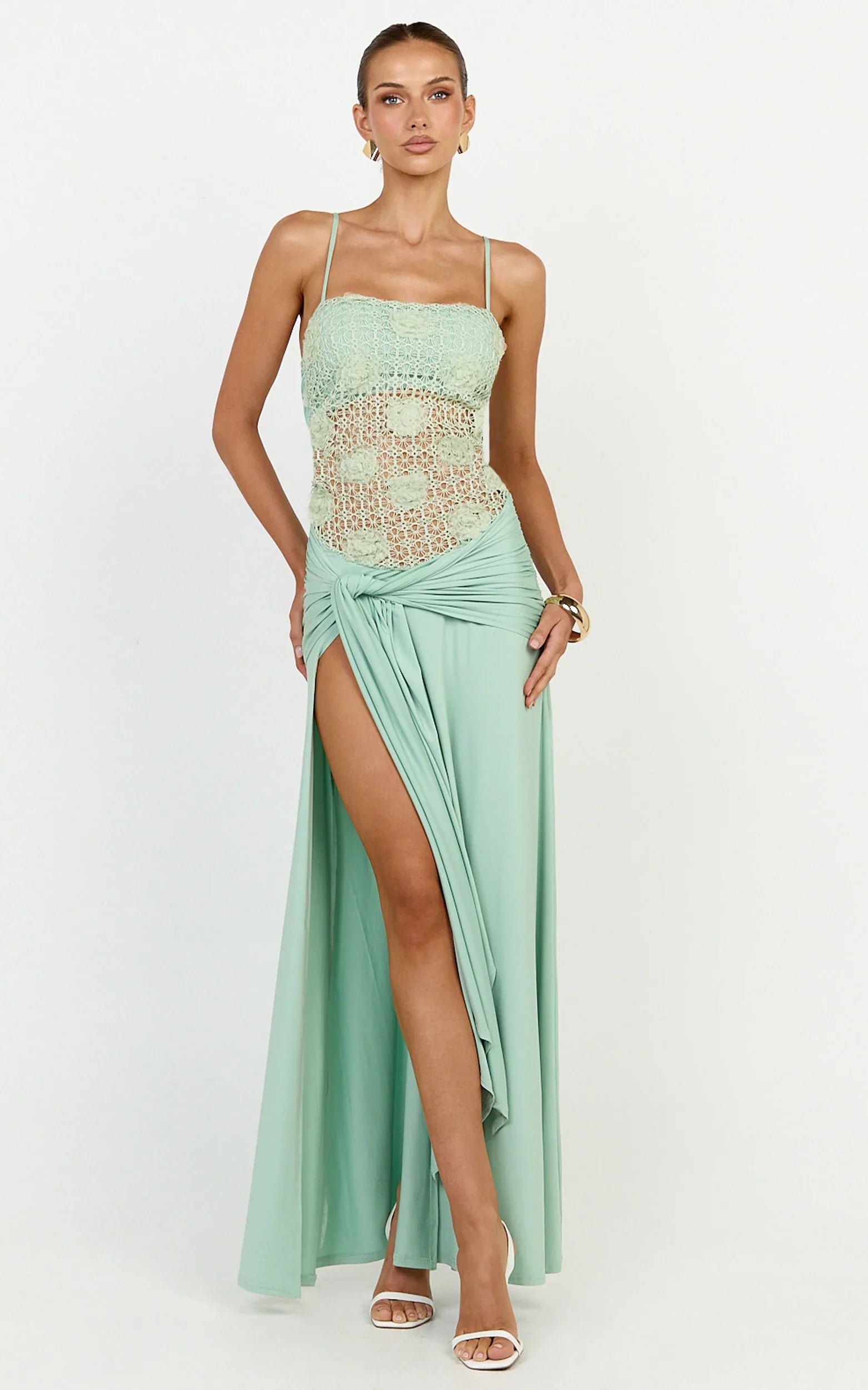 Nerissa Maxi Dress - Crochet Floral Embellished Bodice Drop Tie Waist Dress in Sage