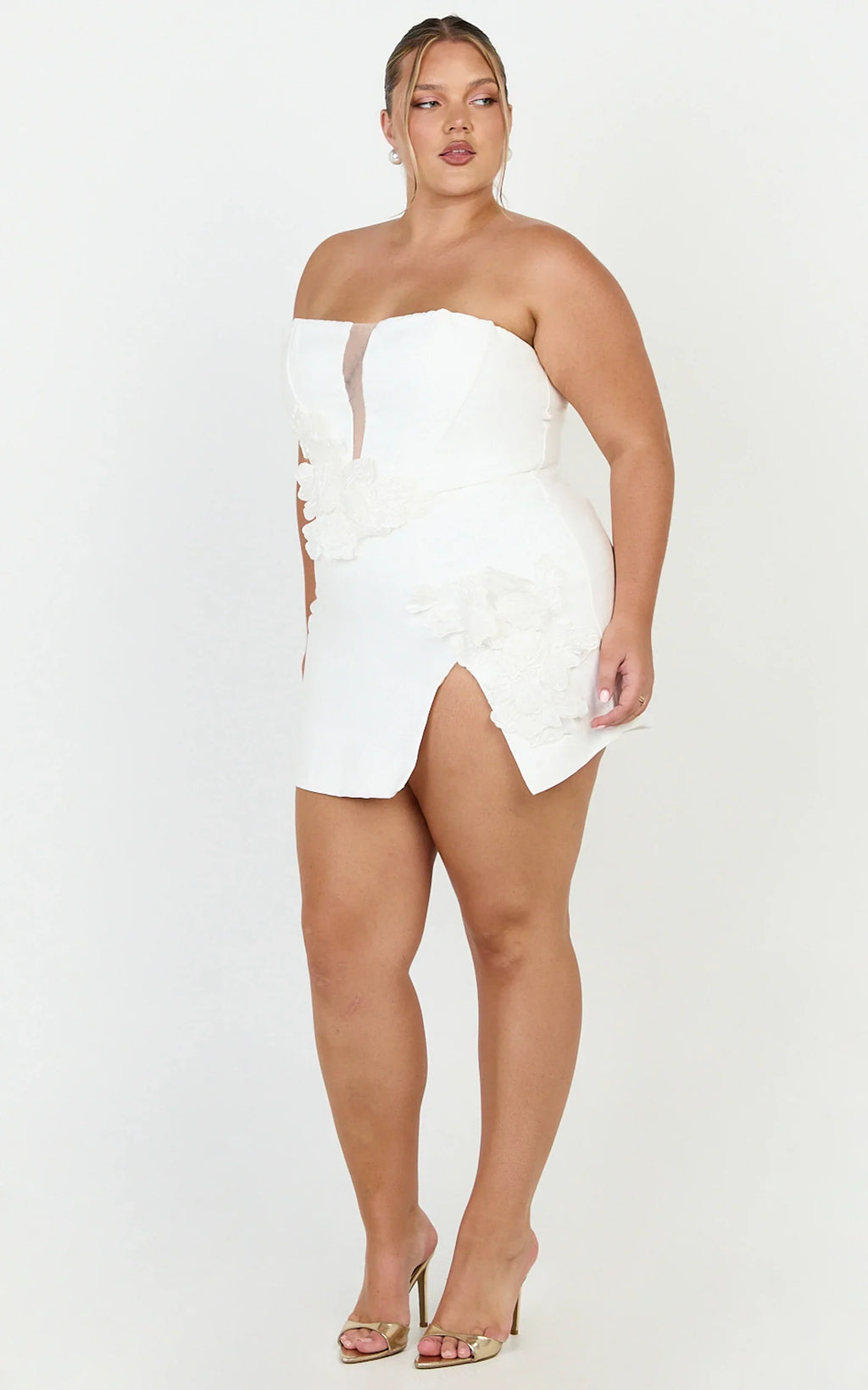Dolores Mini Dress - Strapless Plunge Bodycon Leg Split Dress in White