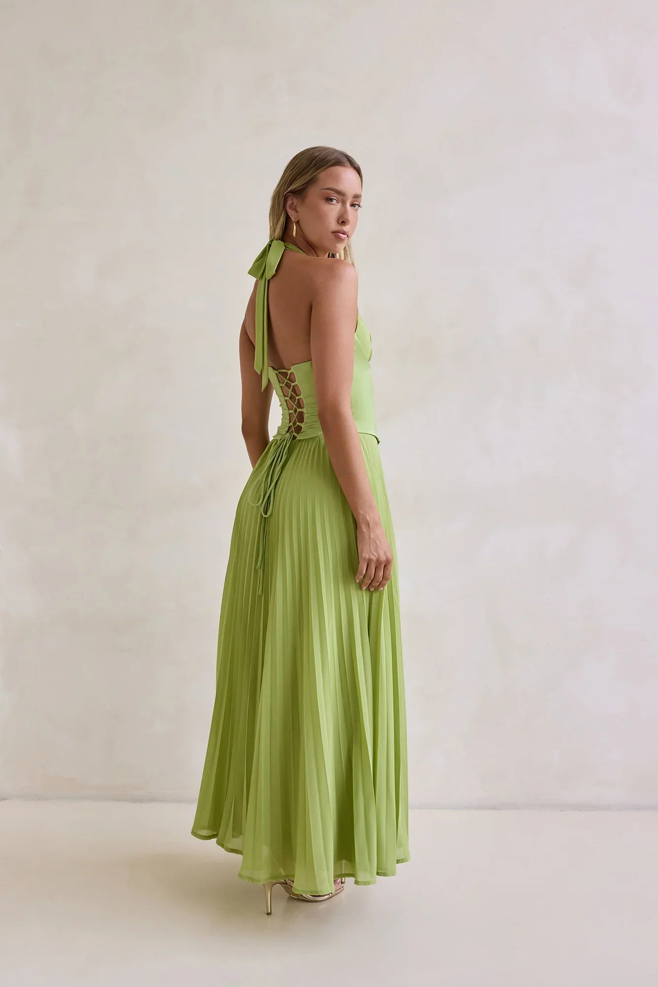 Paradise Falls Plisse Halter Maxi Dress Lime Green