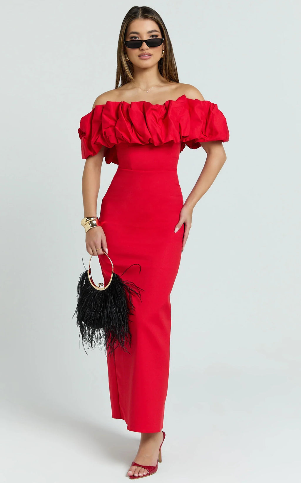 Rhaya Midi Dress - Ruffle Off Shoulder Fitted Dress in Red