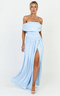 Bree Maxi Dress - Off Shoulder Draped Sash Dress in Blue