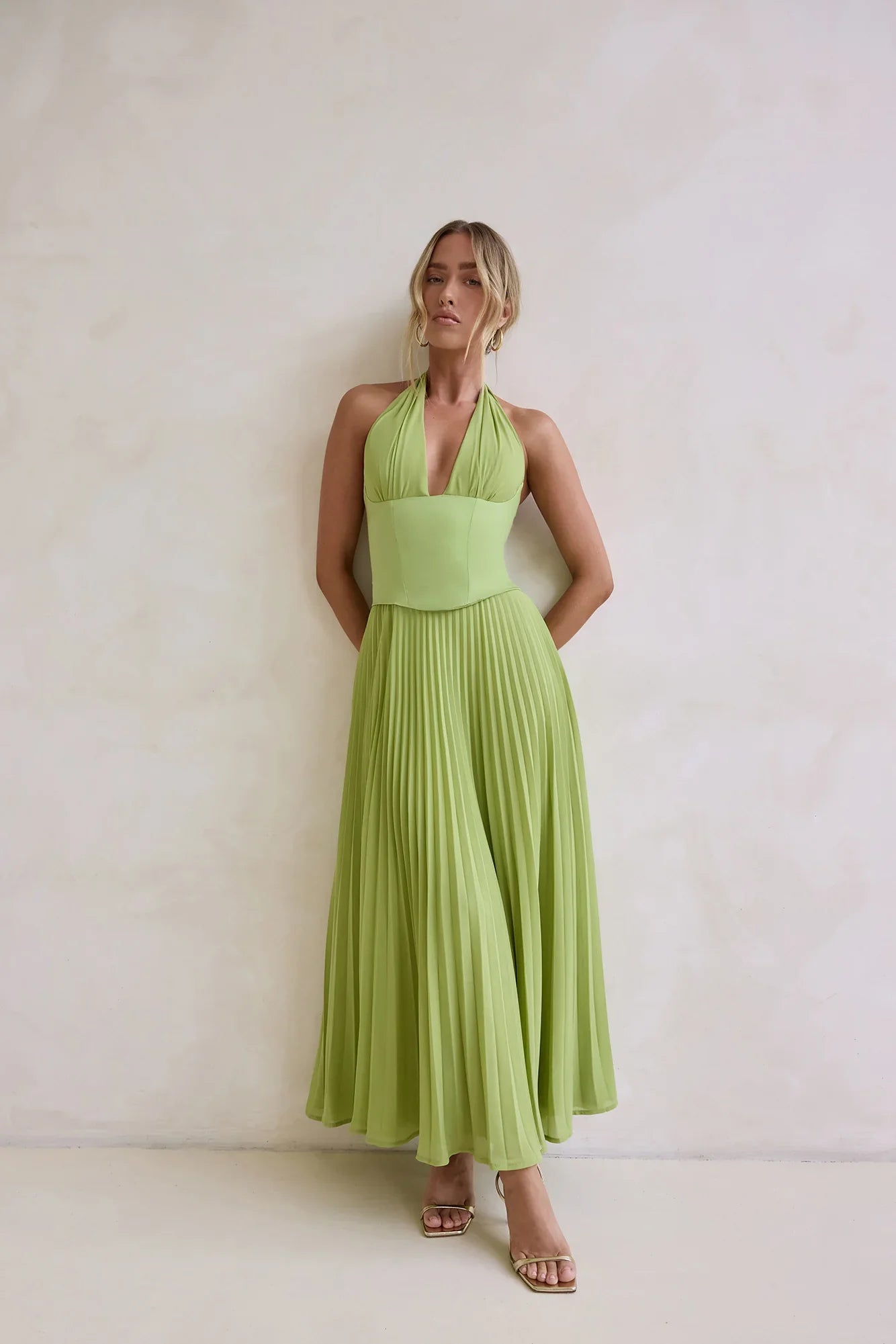 Paradise Falls Plisse Halter Maxi Dress Lime Green