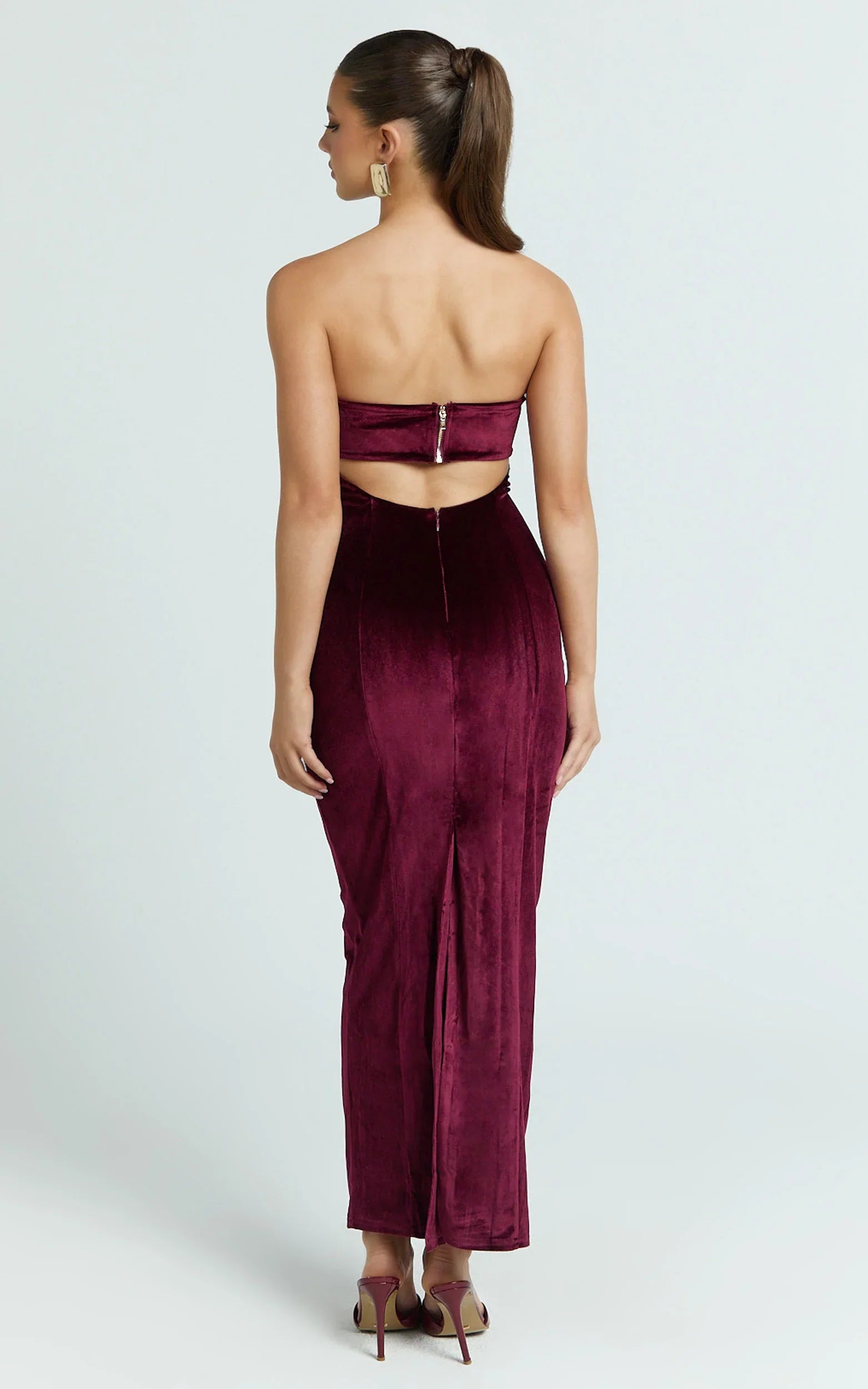 Cartia Midi Dress - Velvet Strapless Bodycon Dress in Wine