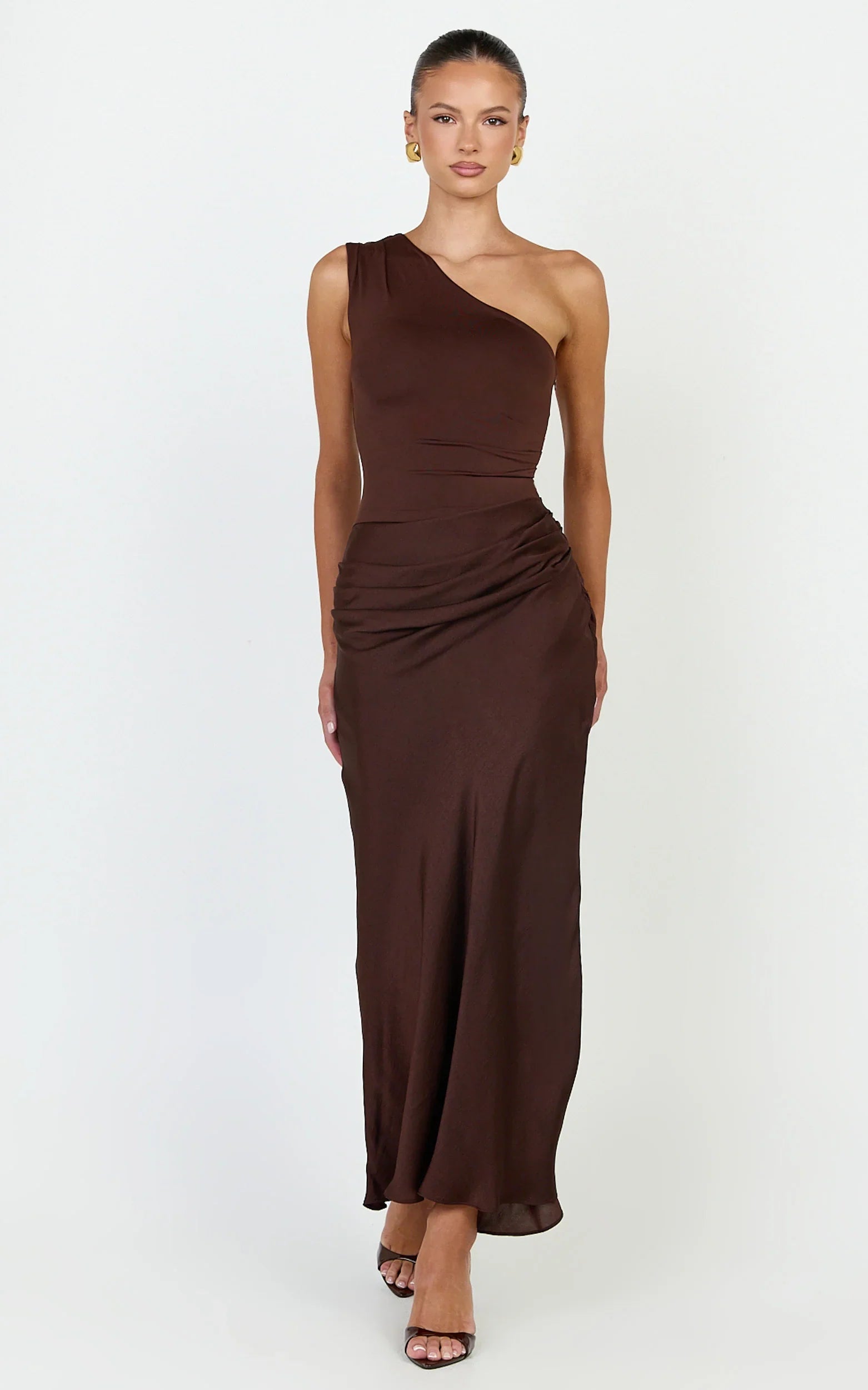 Astrid Midi Dress - One Shoulder Contrast Satin Dress in Chocolate
