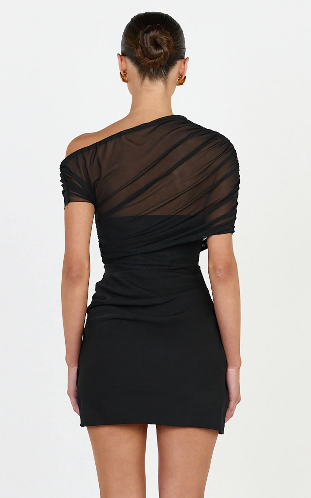 Nami Mini Dress - Overlay Off Shoulder Draped Cowl Waist Dress in Black