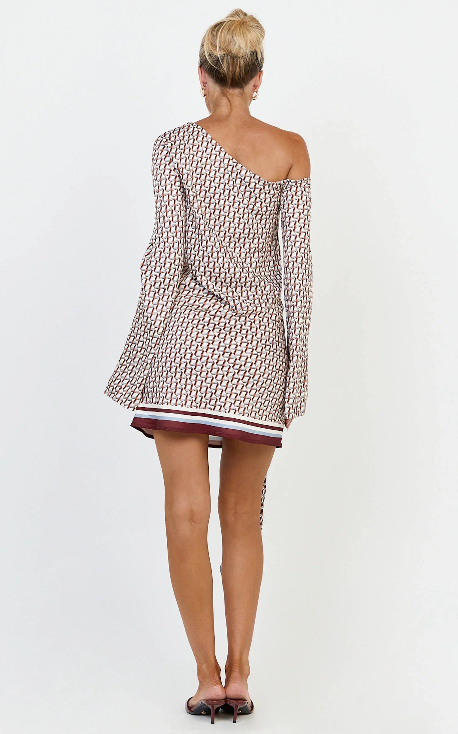 Noelle Mini Dress - Geo Print Off Shoulder Tie Front Dress in Geo Border Print
