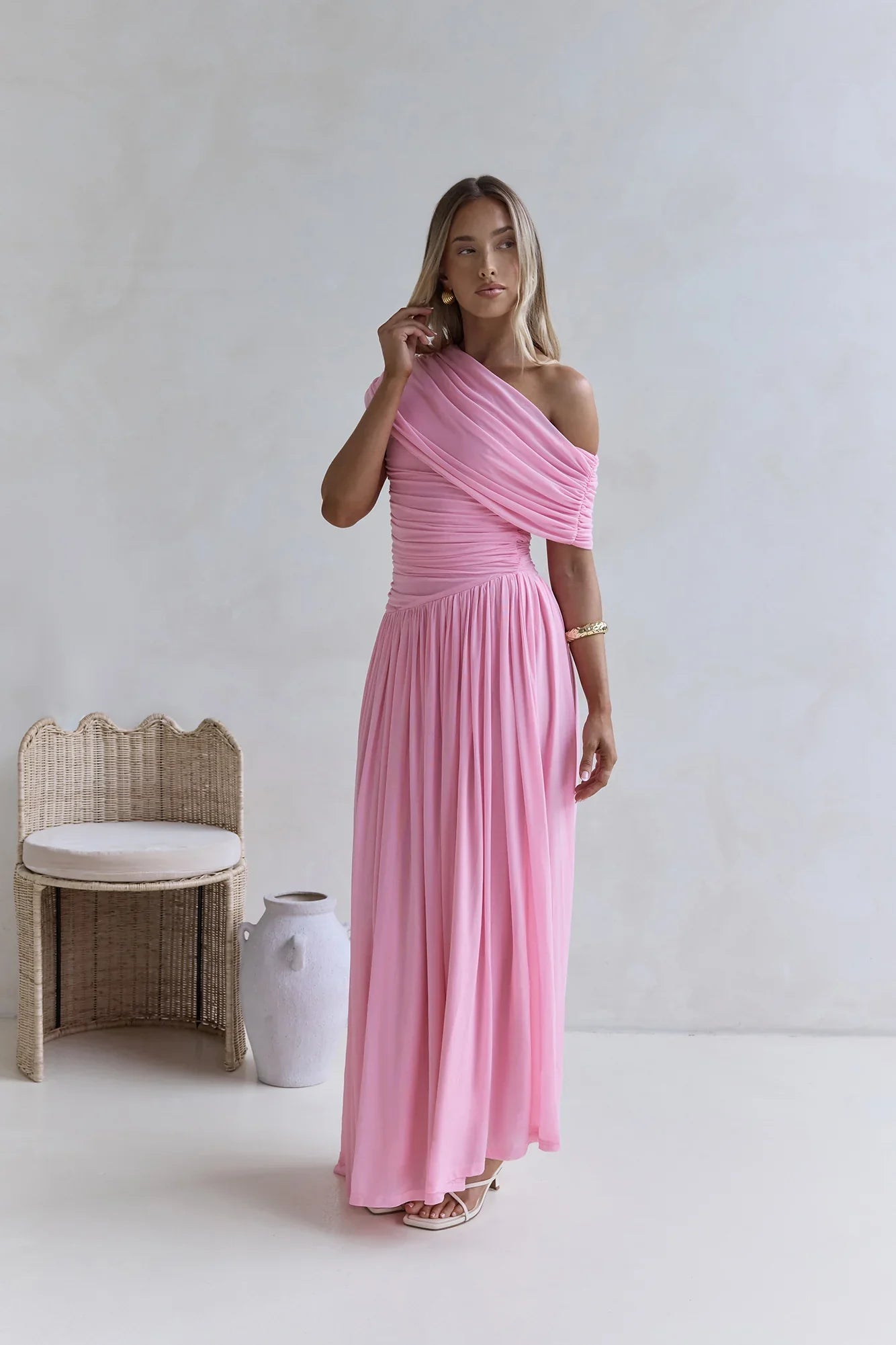 Hidden Flair One Shoulder Mesh Maxi Dress Pink