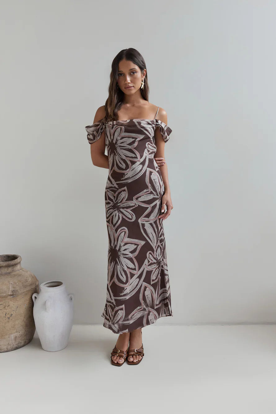 Desert Flower Off Shoulder Maxi Dress Brown