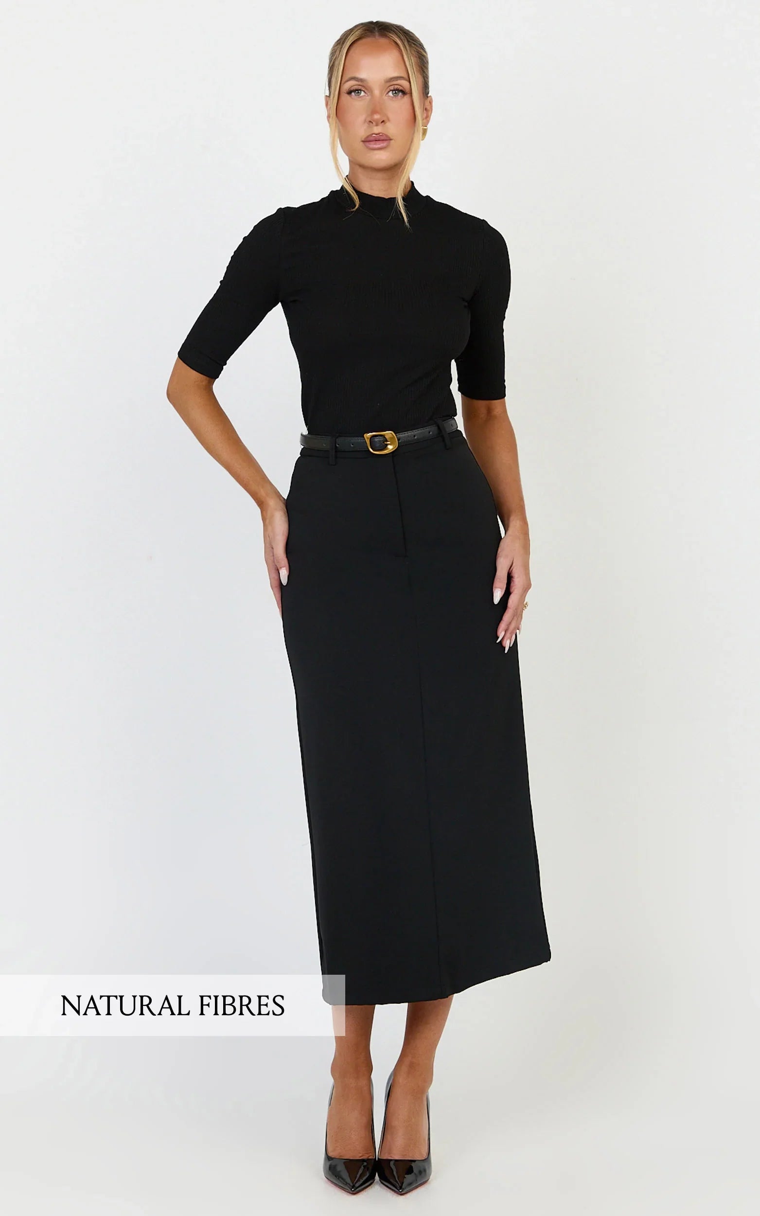 Tilda Top - High Neck Short Sleeve Fitted Top in Black