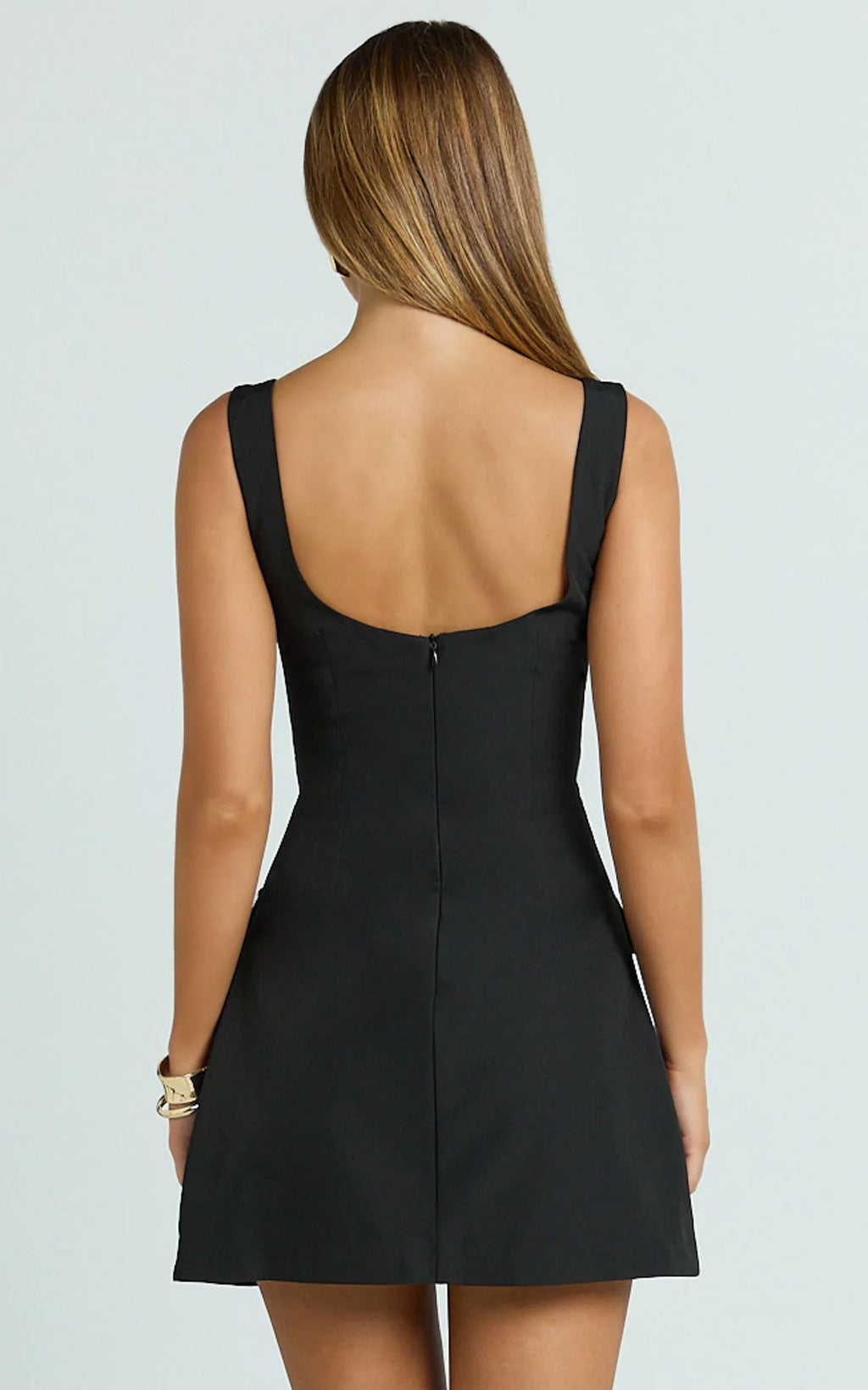 Rachel Mini Dress - Square Scoop Neck Buckle Pocket Leg Split Knee Length Dress in Black