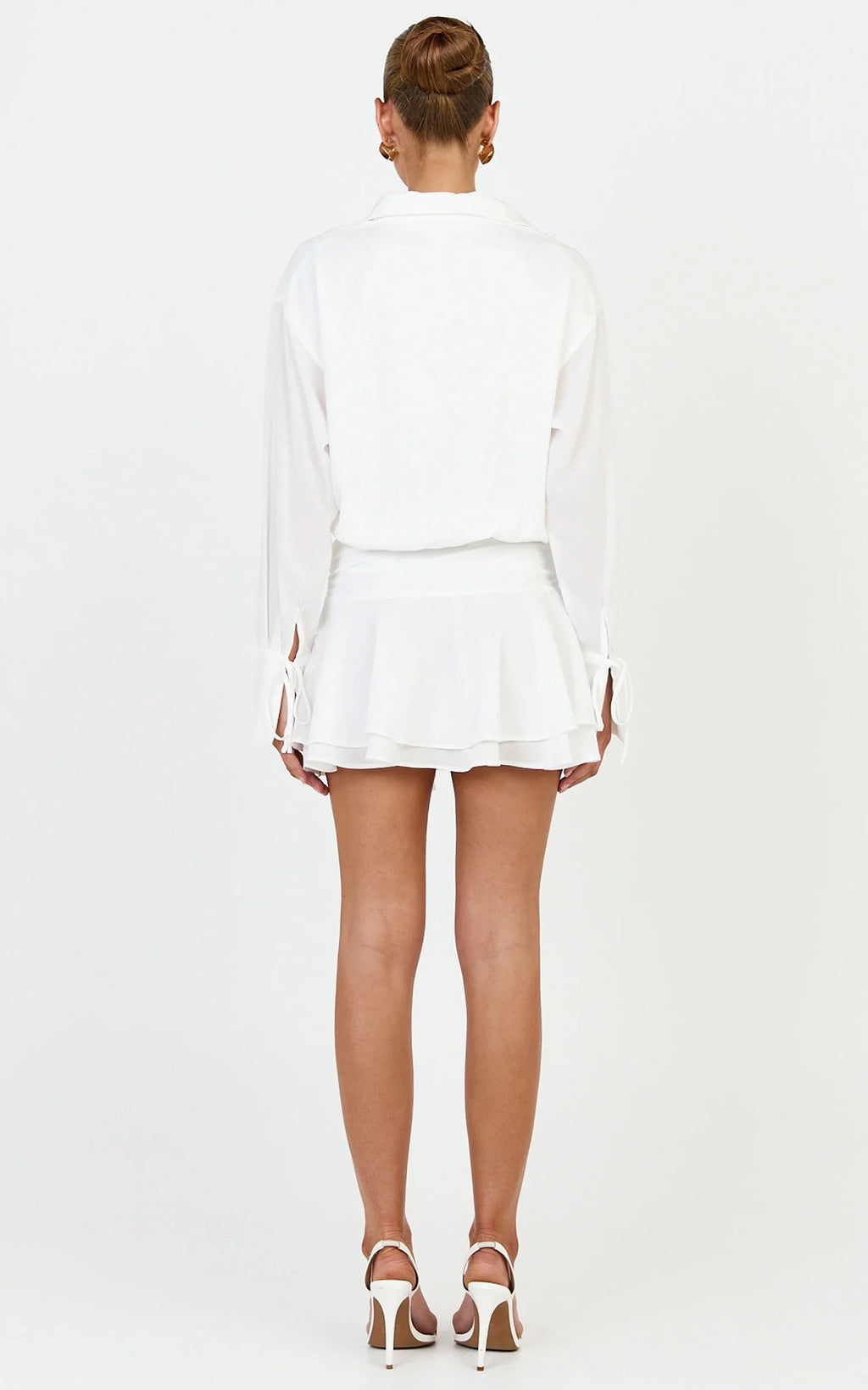Melanie Mini Dress - Tie Front Long Sleeve Shirt Dress in White