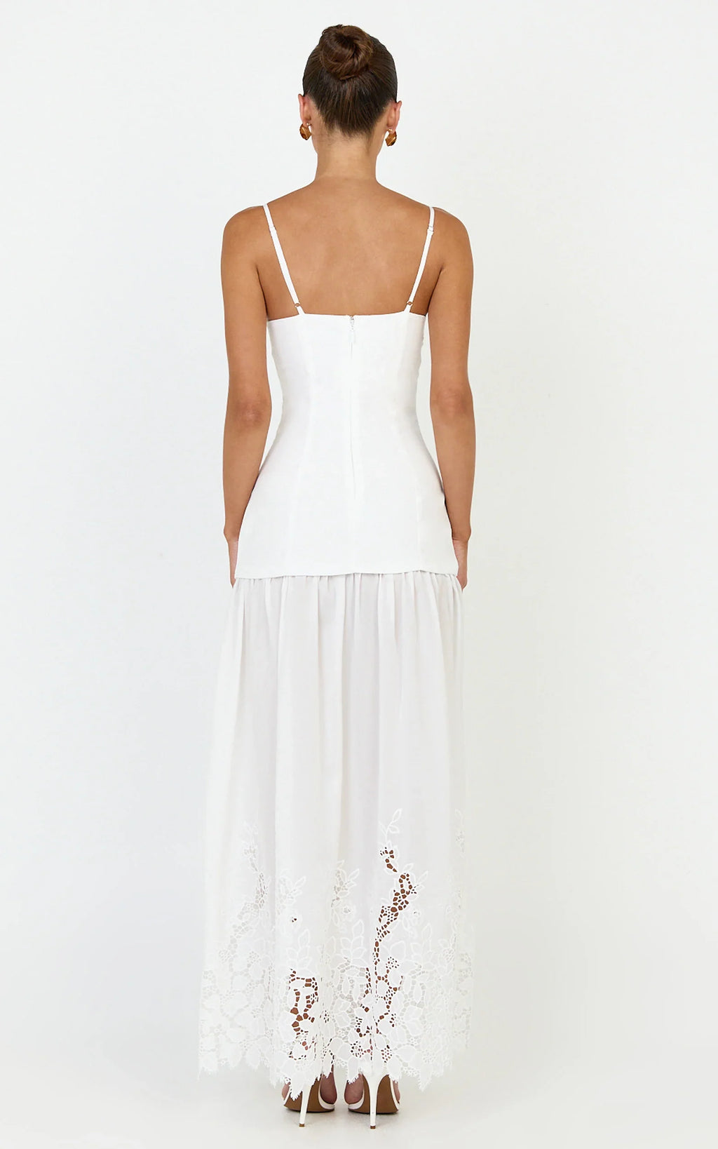 Everly Maxi Dress - Straight Neck Broderie Cut Out Hem Dress in White
