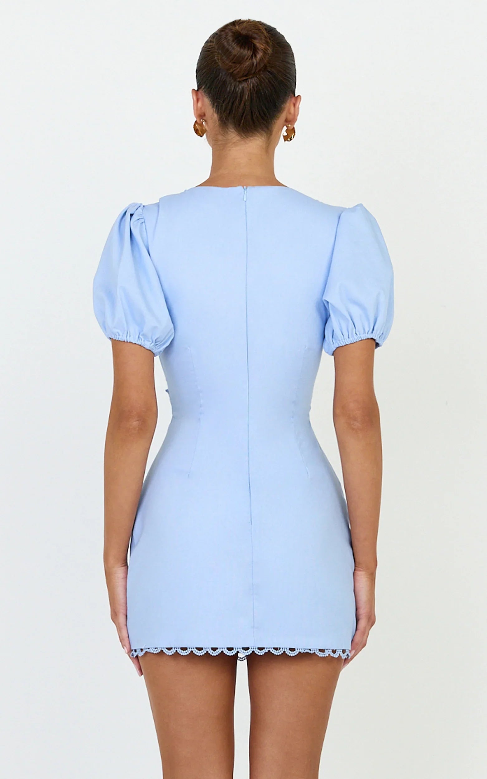 Carolyn Mini Dress - V Neck Puff Sleeve Dress in Light Blue