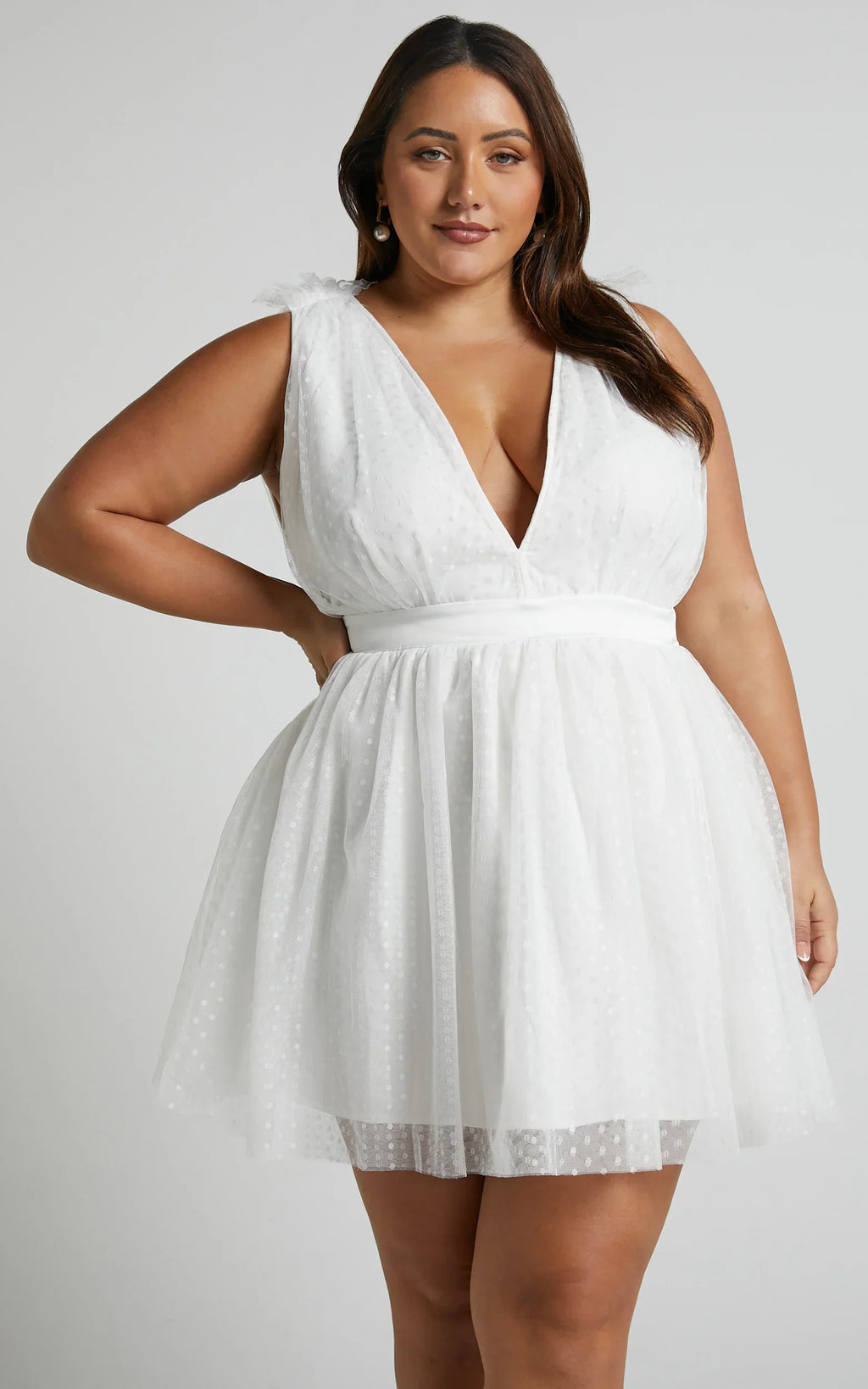 Mariabella Mini Dress - Tulle Plunge Dress in White
