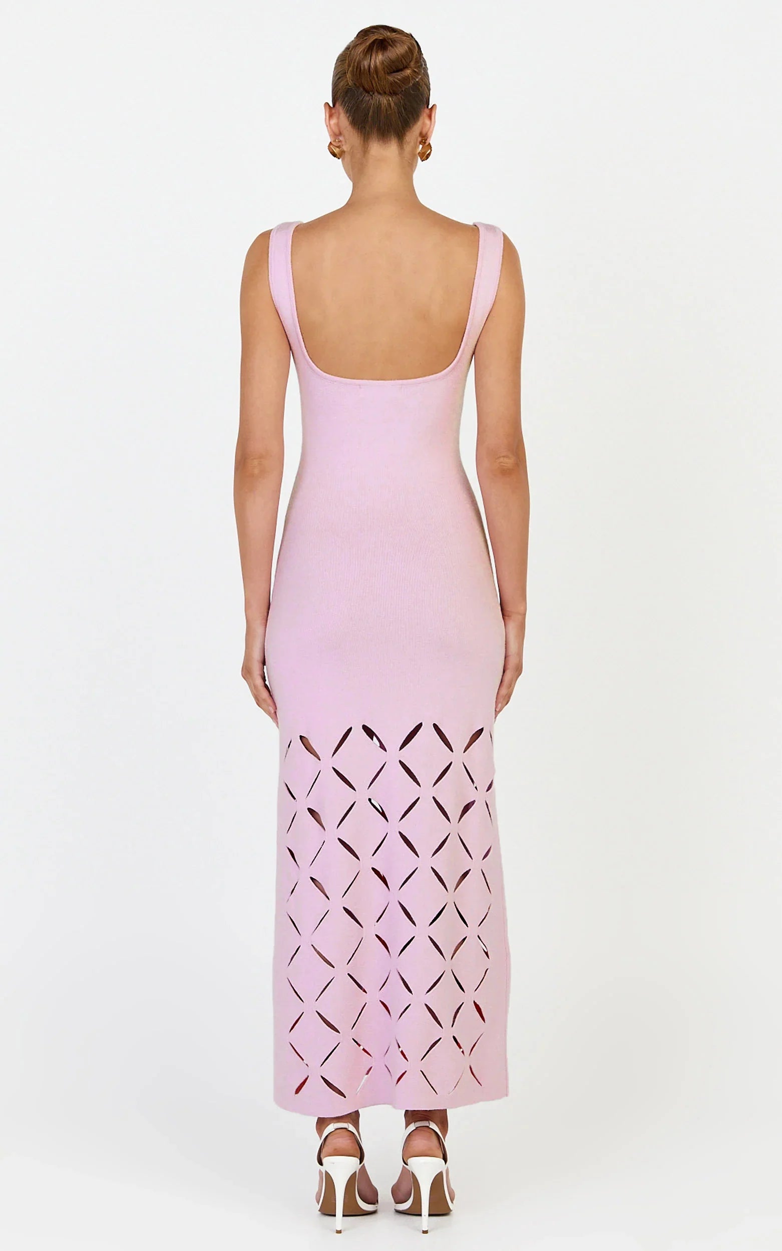 Sabrina Midi Dress - Scoop Neck Laser Cut Dress in Pink