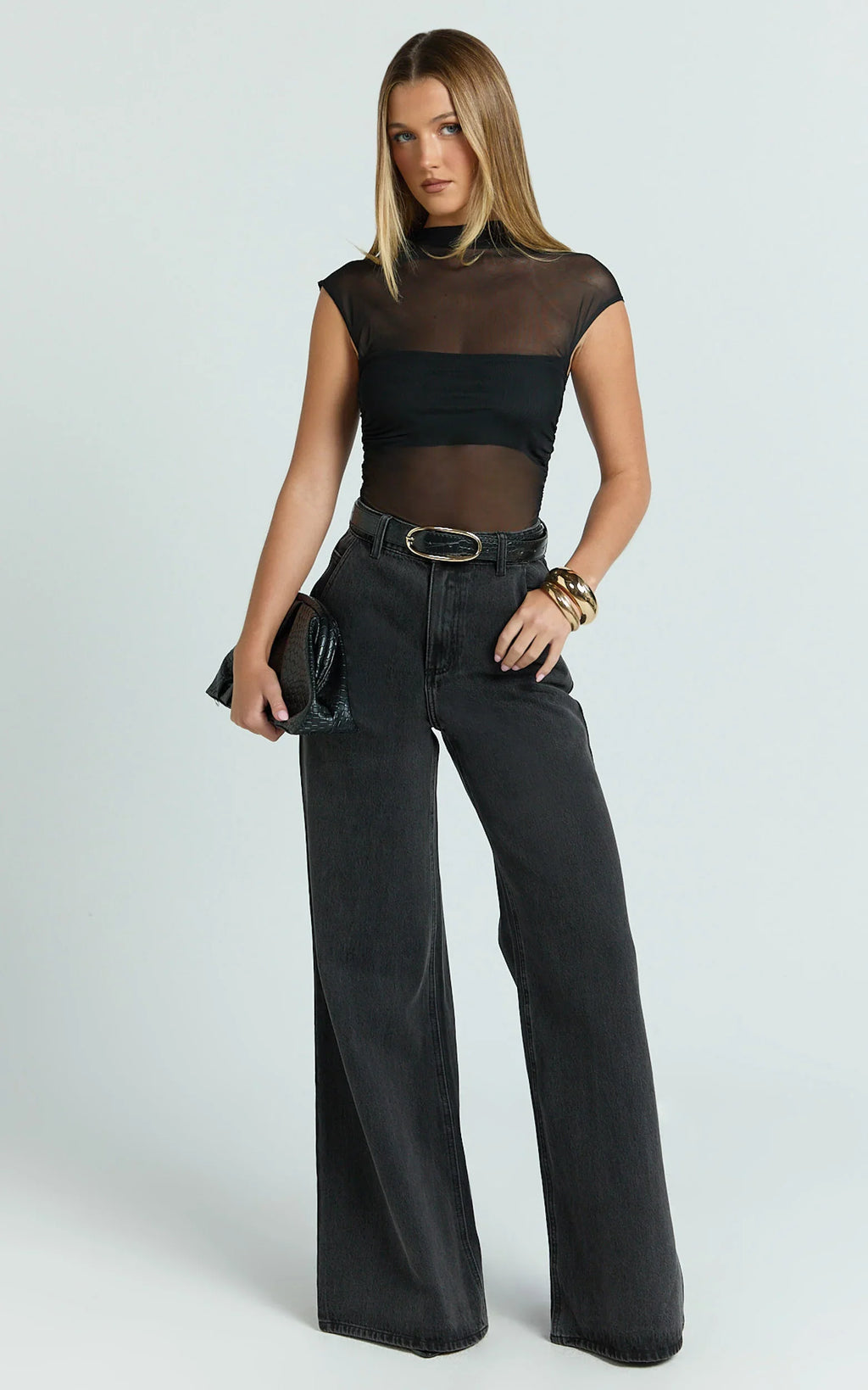 Brayden Bodysuit - High Neck Cap Sleeve Sheer Bodysuit in Black