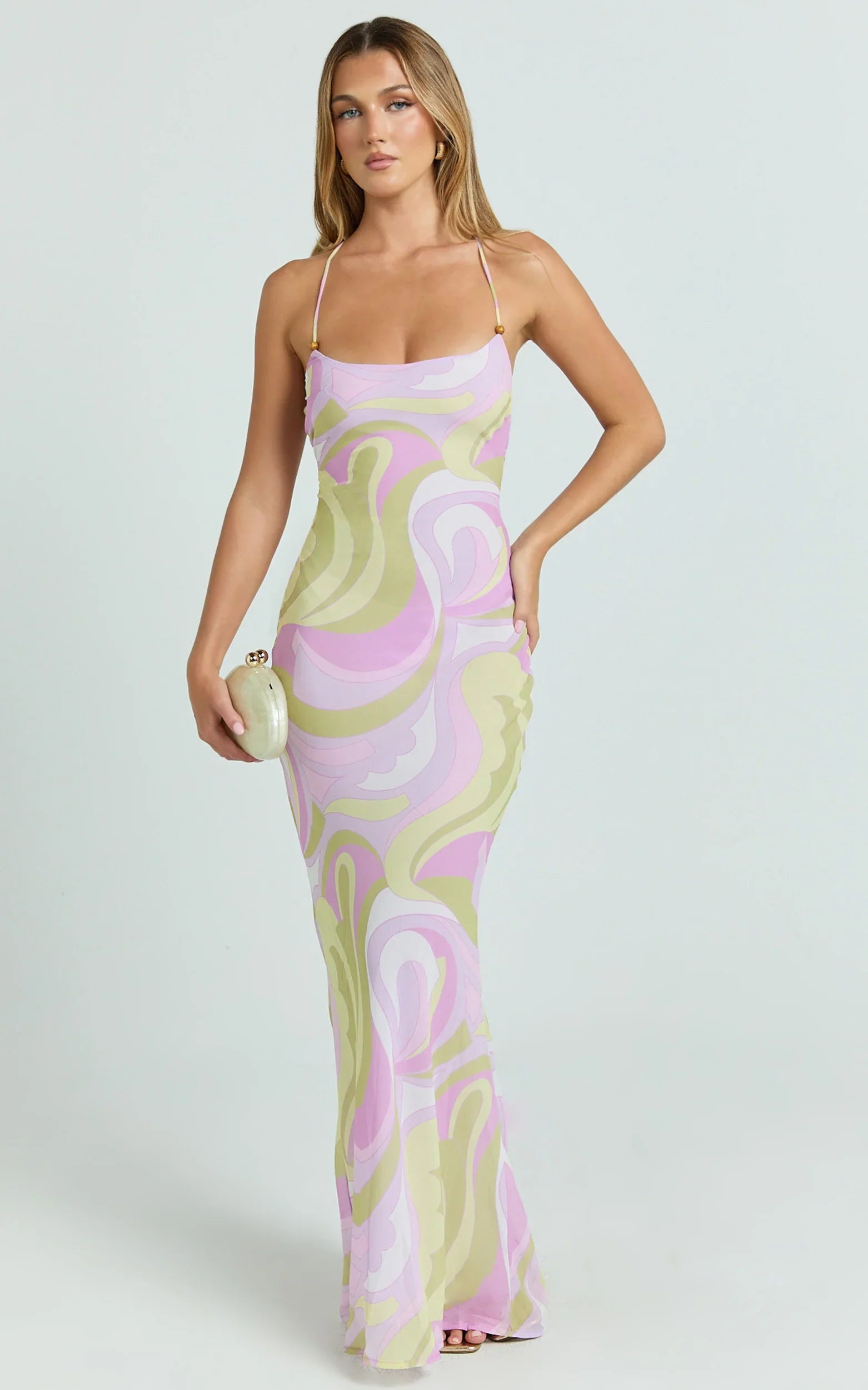 Krishna Maxi Dress - Strappy Scoop Neck Floral Placement Print Georgette Dress in Pucci Print