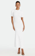 Lanie Midi Dress - Knitted Crew Neck Short Sleeve Dress in Cream