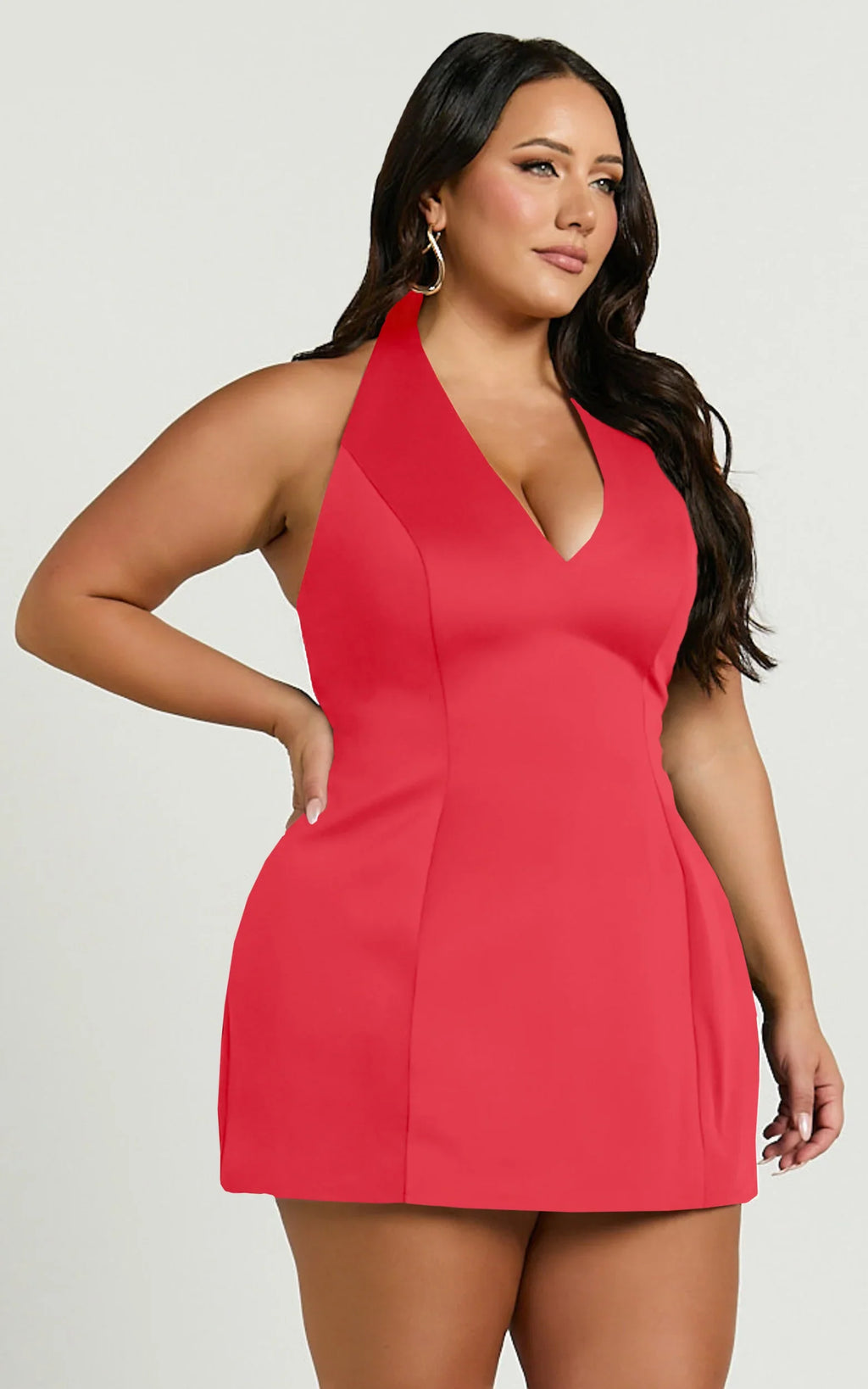 Gaia Mini Dress - Plunge Halter Fit and Flare Dress in Red