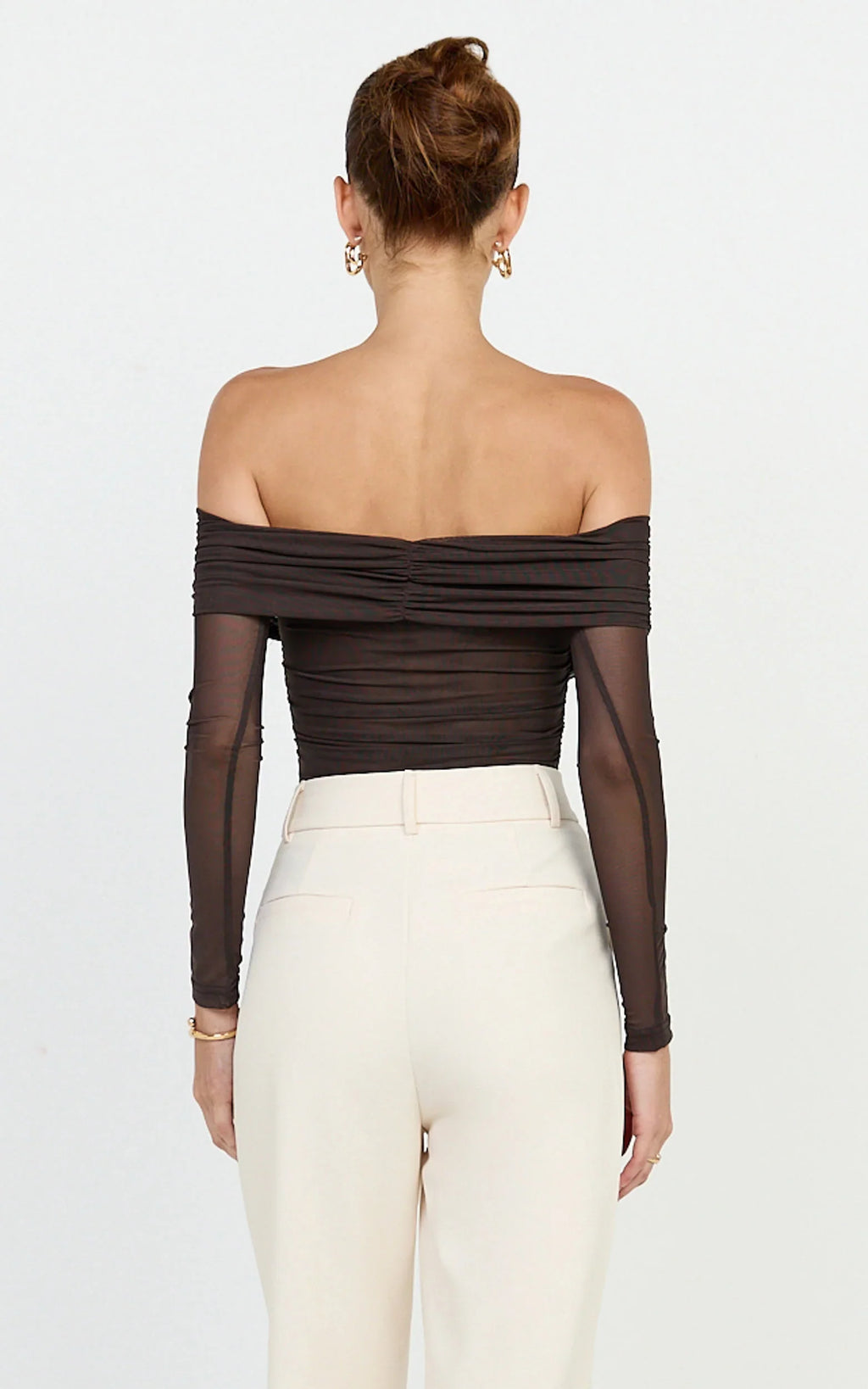 Opal Bodysuit - Long Sleeve Wrapped Off Shoulder Bodysuit in Chocolate
