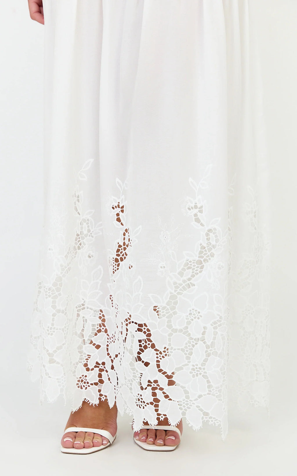 Everly Maxi Dress - Straight Neck Broderie Cut Out Hem Dress in White