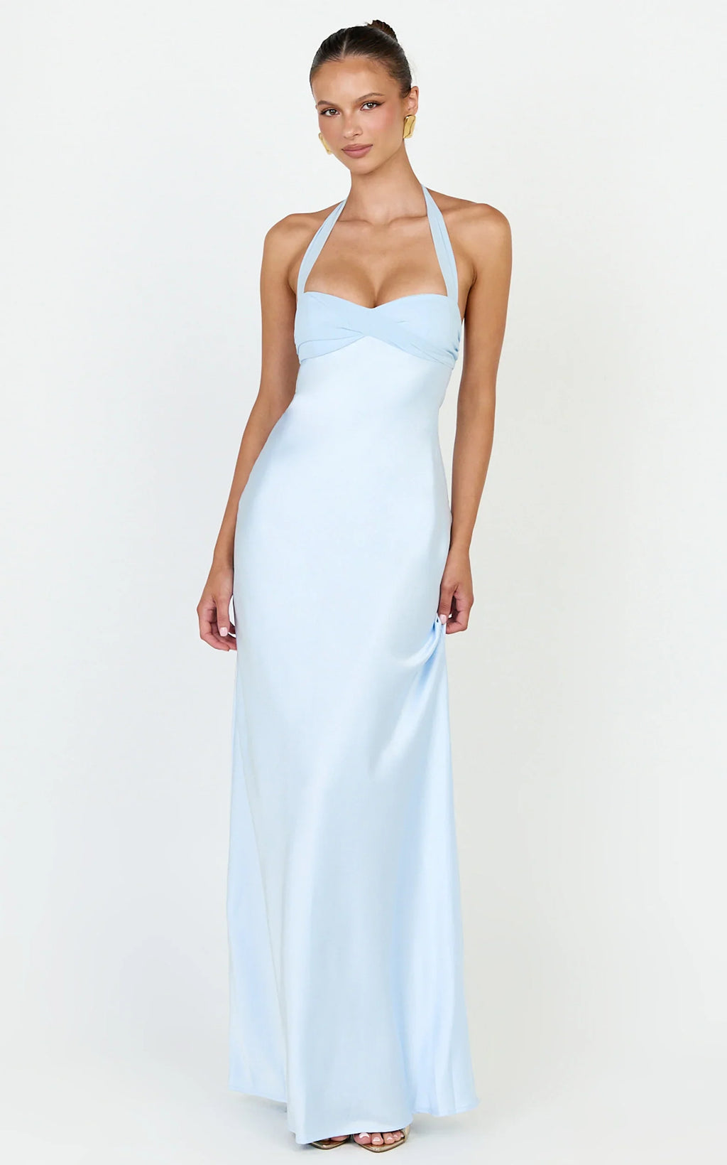 Flynn Maxi Dress - Satin Halter Sweetheart Neck Dress in Blue