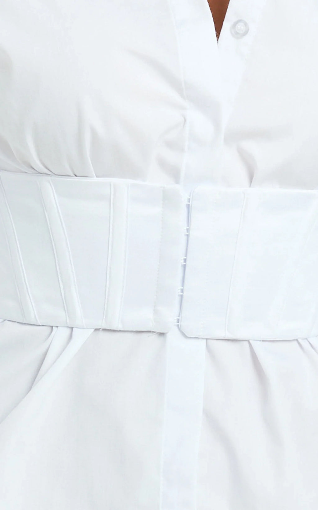 Athena Mini Dress - Collared Button Front Corset Waist Workwear Shirt Dress in White in White
