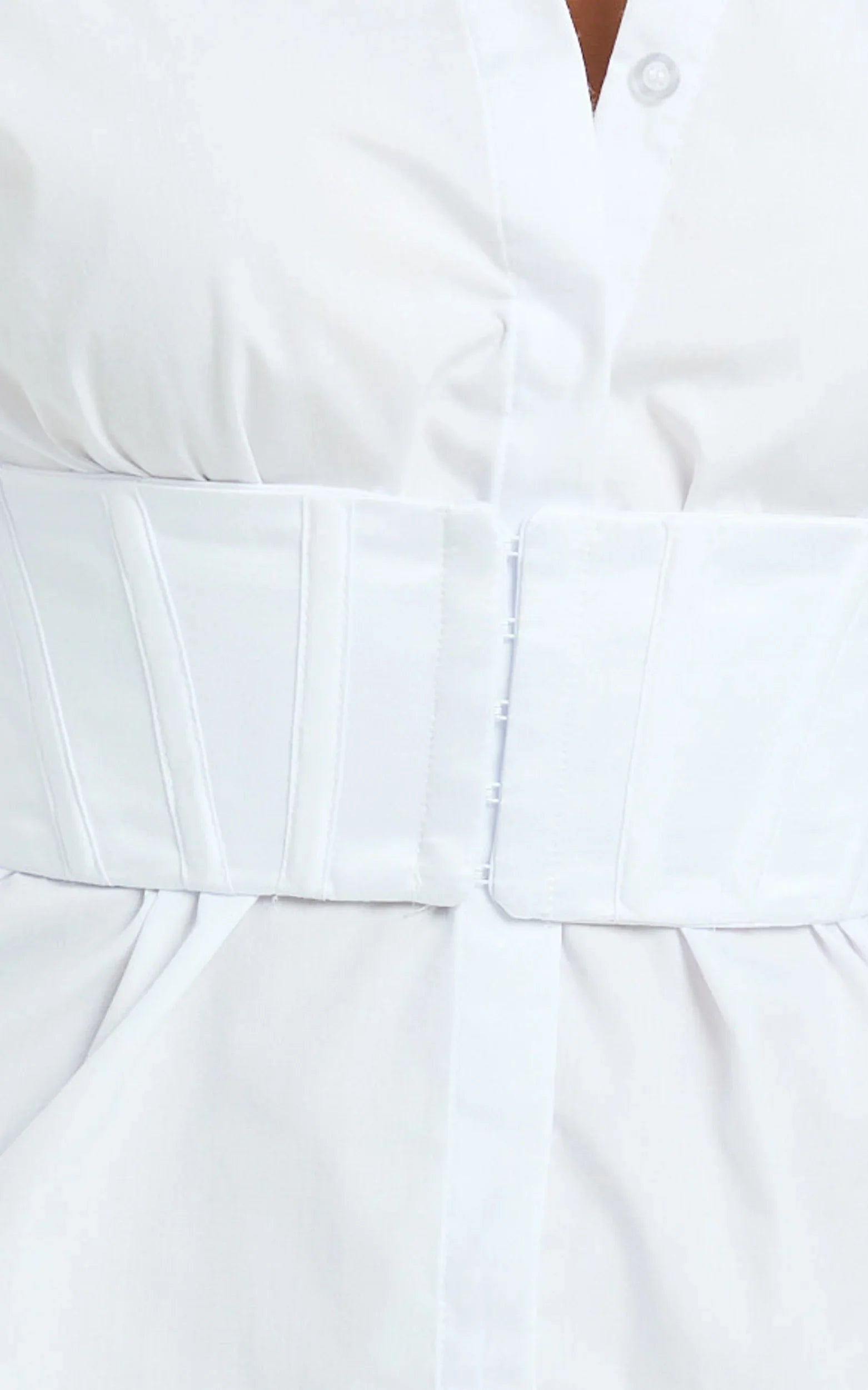 Athena Mini Dress - Collared Button Front Corset Waist Workwear Shirt Dress in White in White