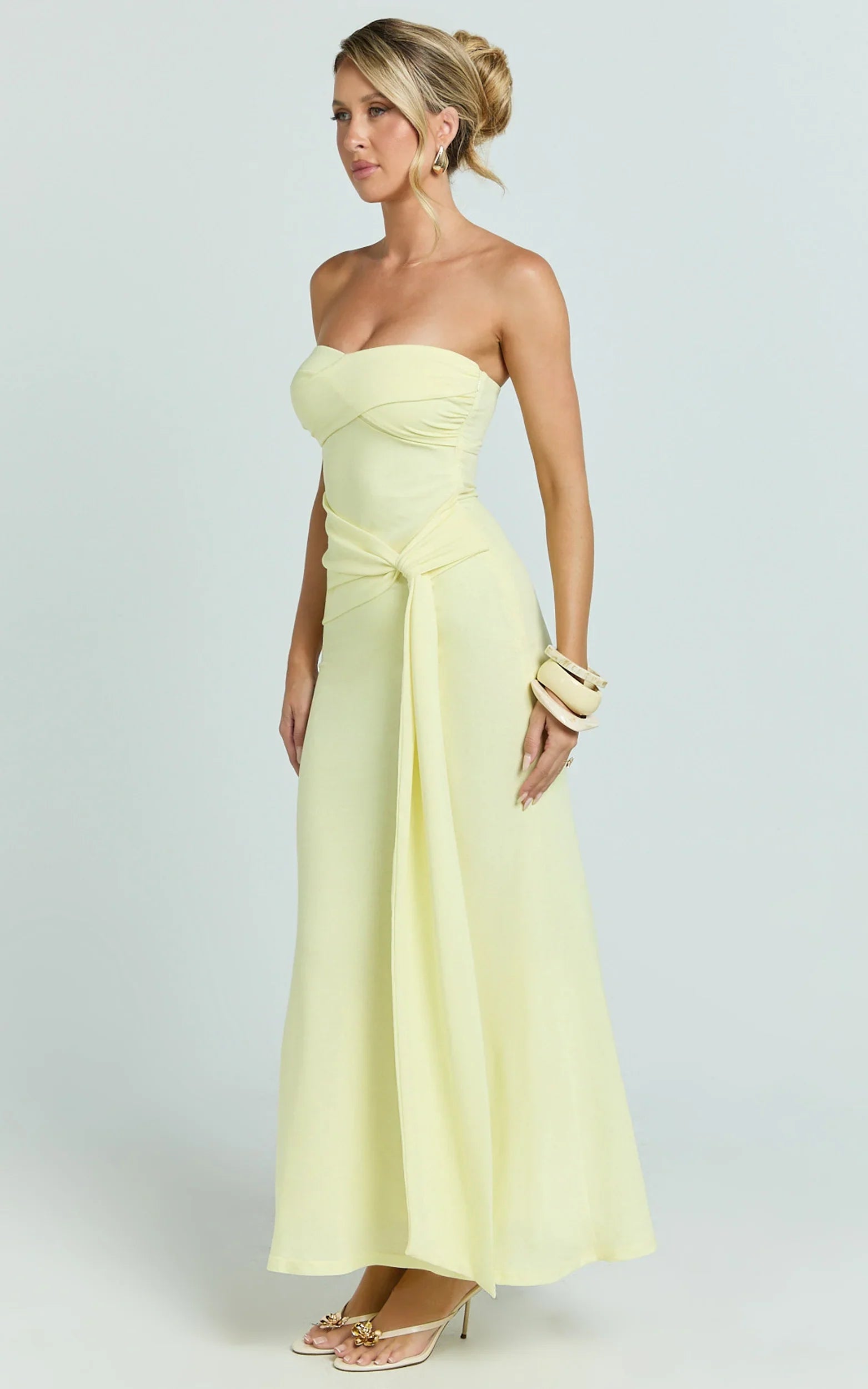 Aria Midi Dress - Strapless Tie Waist Dress in Lemon