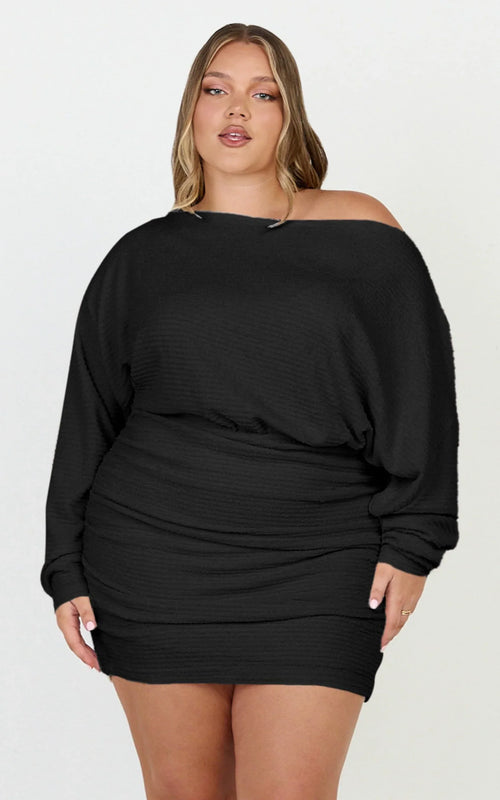 Alyce Mini Dress - Long Sleeve One Shoulder Dress in Black