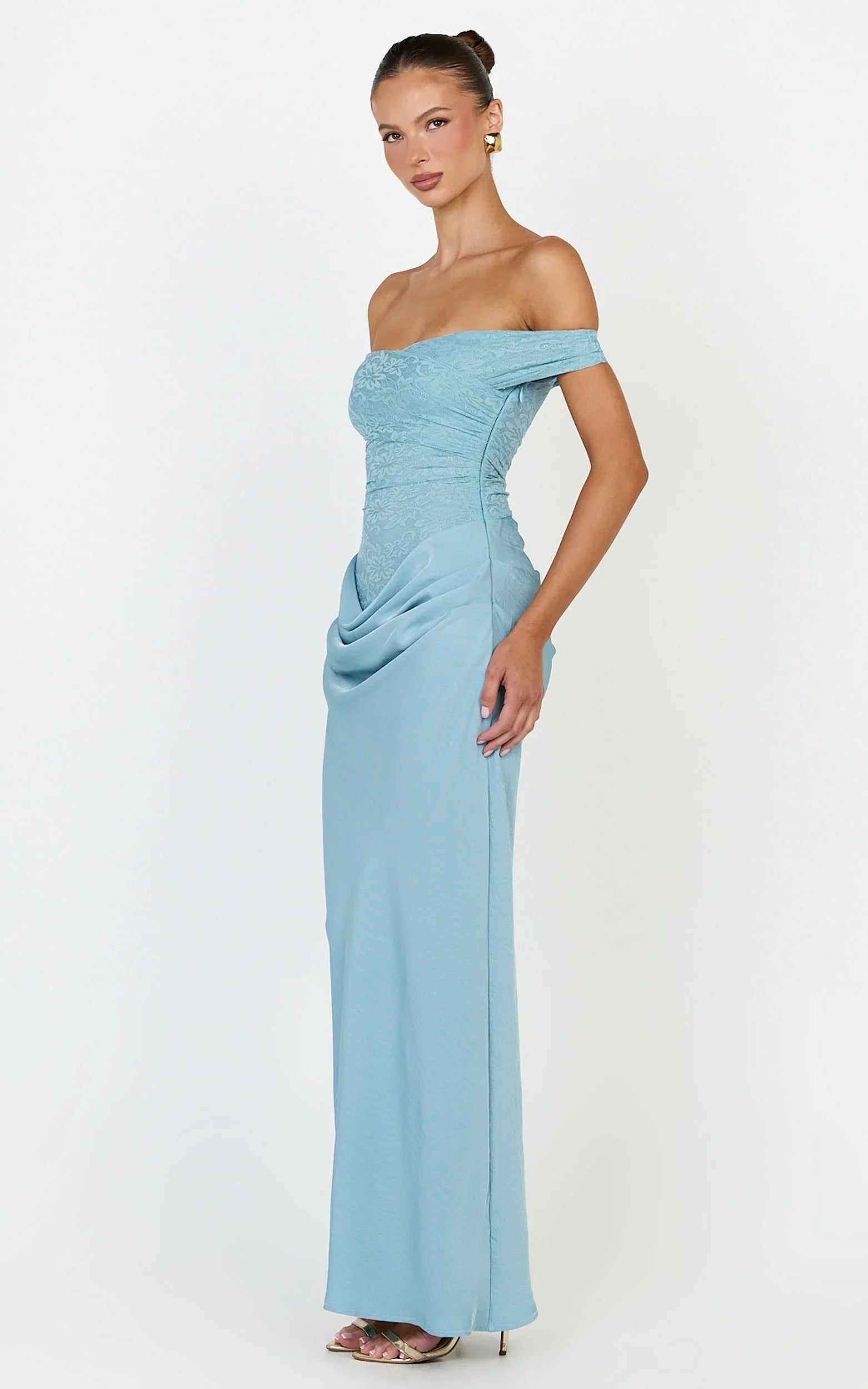 Thalassa Maxi Dress - Lace Off Shoulder Contrast Draped Cowl Waist Dress in Light Blue