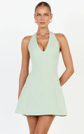 Saphine Mini Dress - Deep V Halter Neck A Line Mini Dress in Pistachio