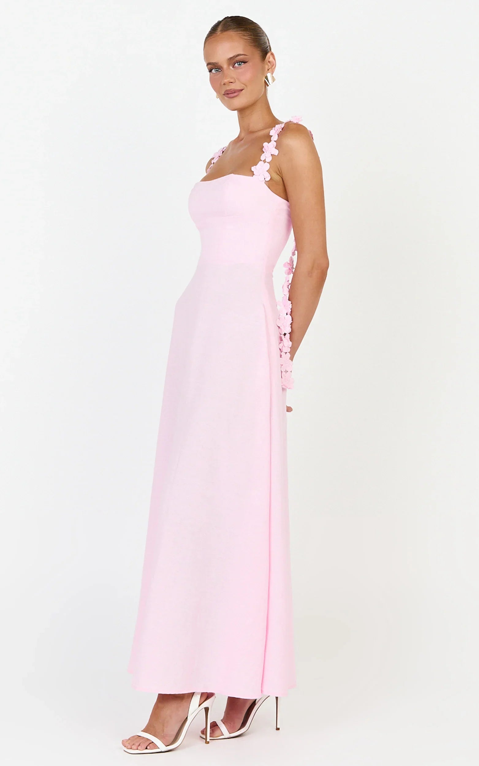 Clementine Midi Dress - 3D Floral Strap Dress in Pink