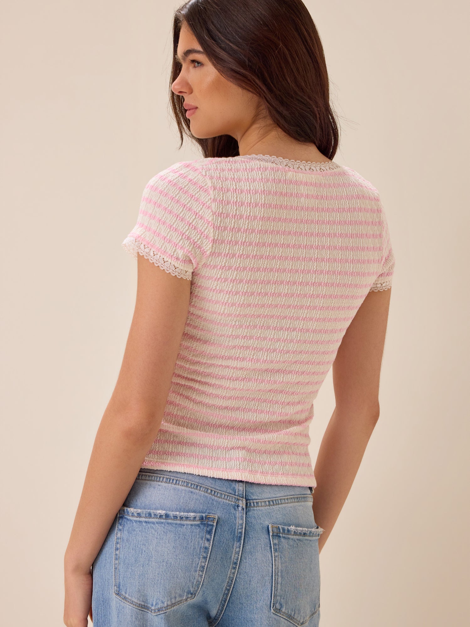 Shivani Striped Lace Trim Tee