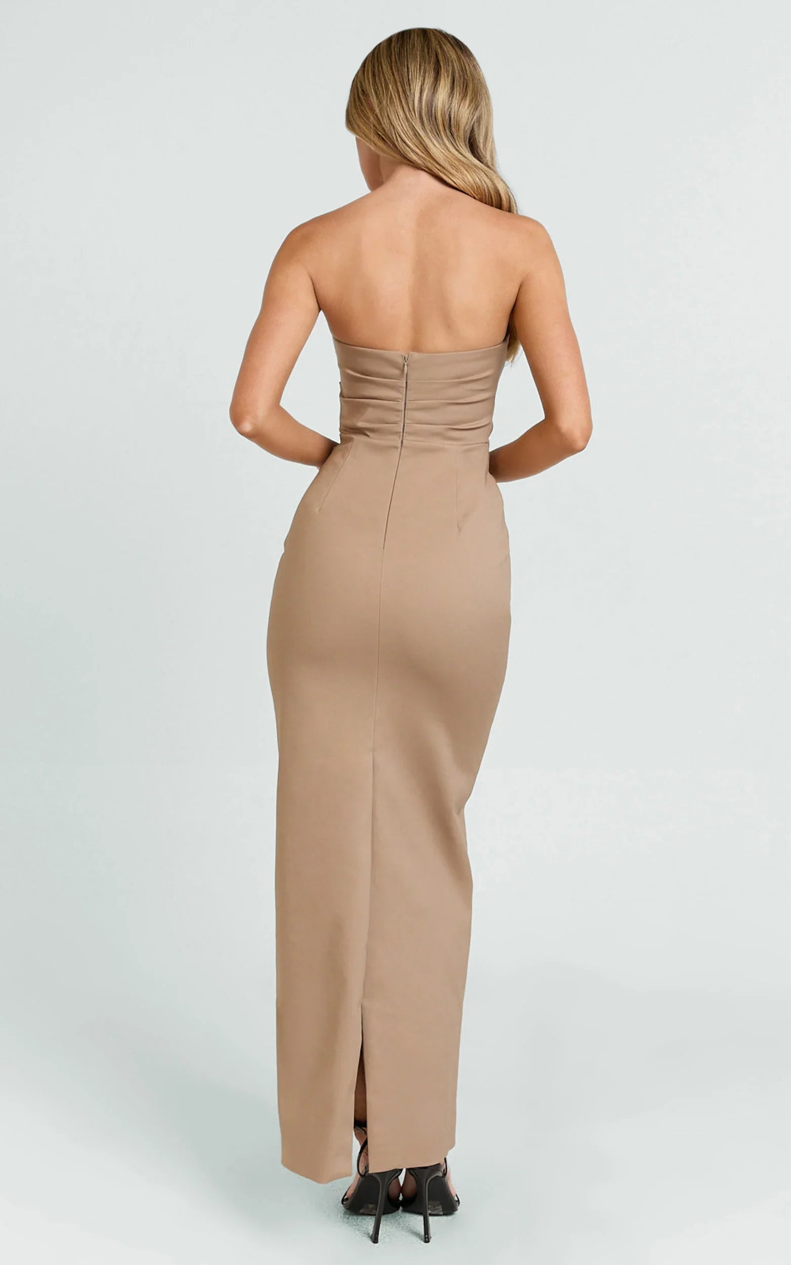 Jamie Maxi Dress - Strapless Ruched Fitted Column Dress in Mocha