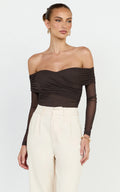 Opal Bodysuit - Long Sleeve Wrapped Off Shoulder Bodysuit in Chocolate