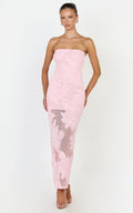 Sienna Midi Dress - Strapless Floral Embroidered Bodycon Dress in Pink