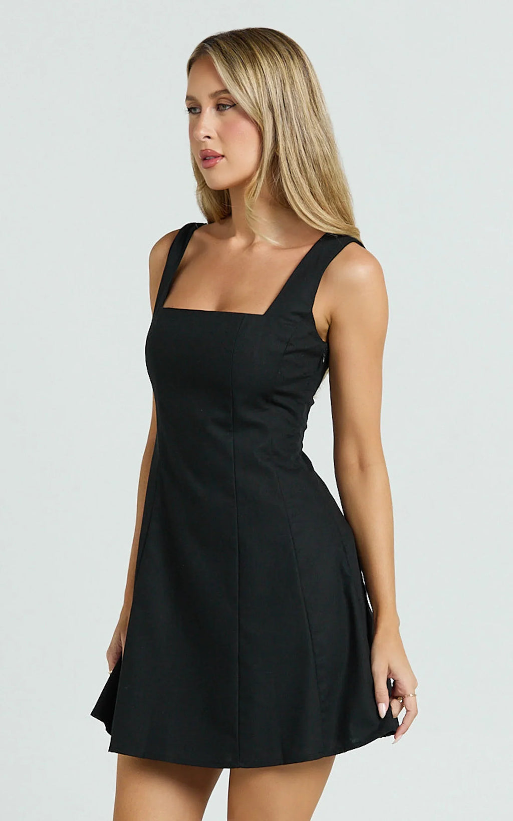Adiana Mini Dress - Linen Square Neck Shirred Back A Line Dress in Black