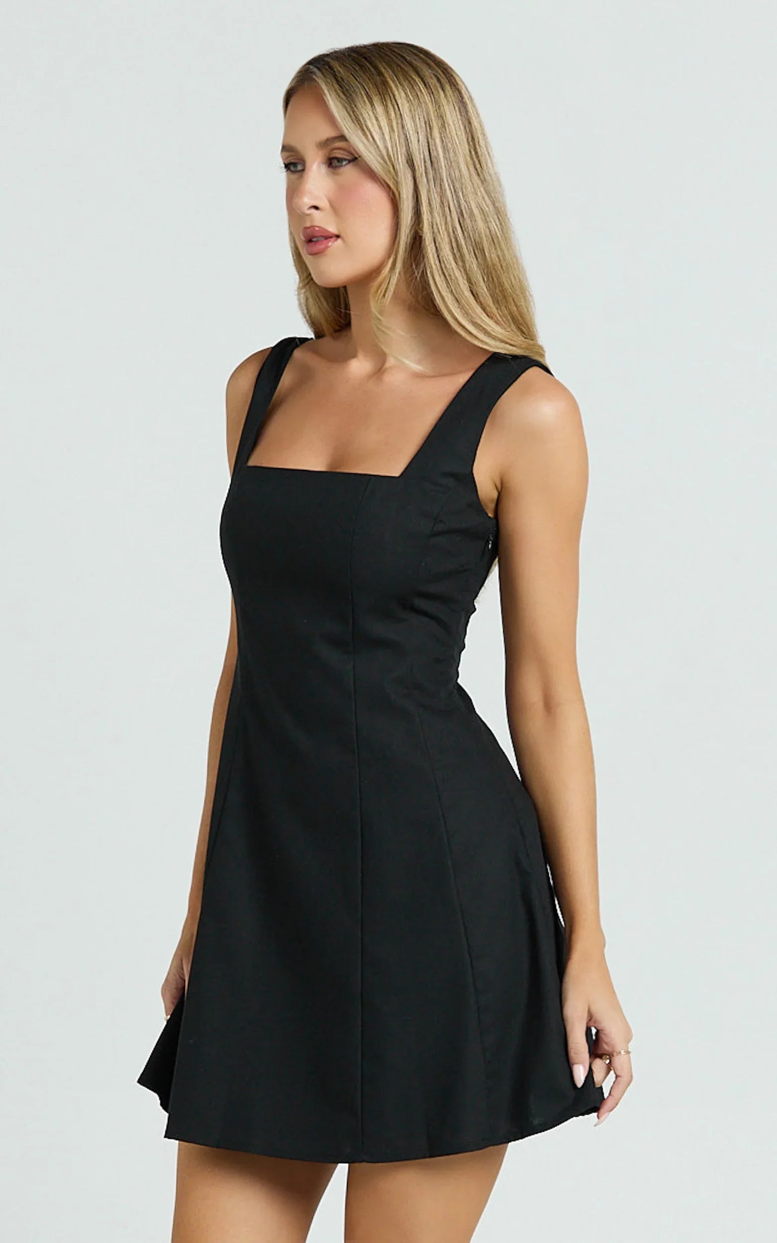 Adiana Mini Dress - Linen Square Neck Shirred Back A Line Dress in Black