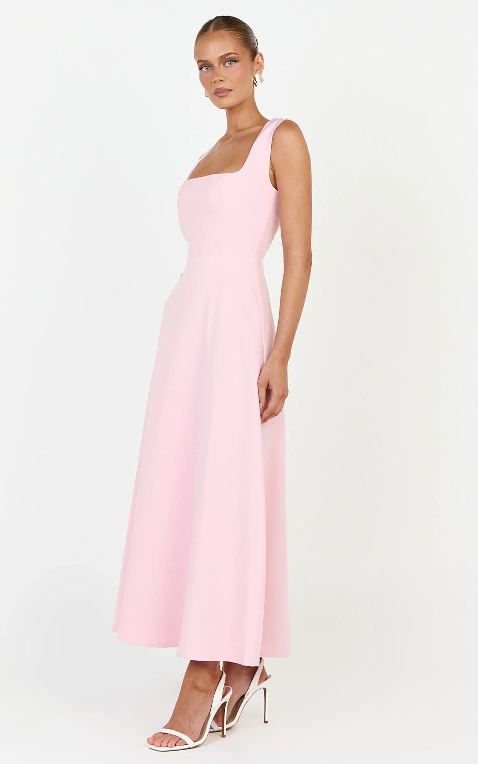 Zinnia Midi Dress - Square Neck A Line Dress in Pink