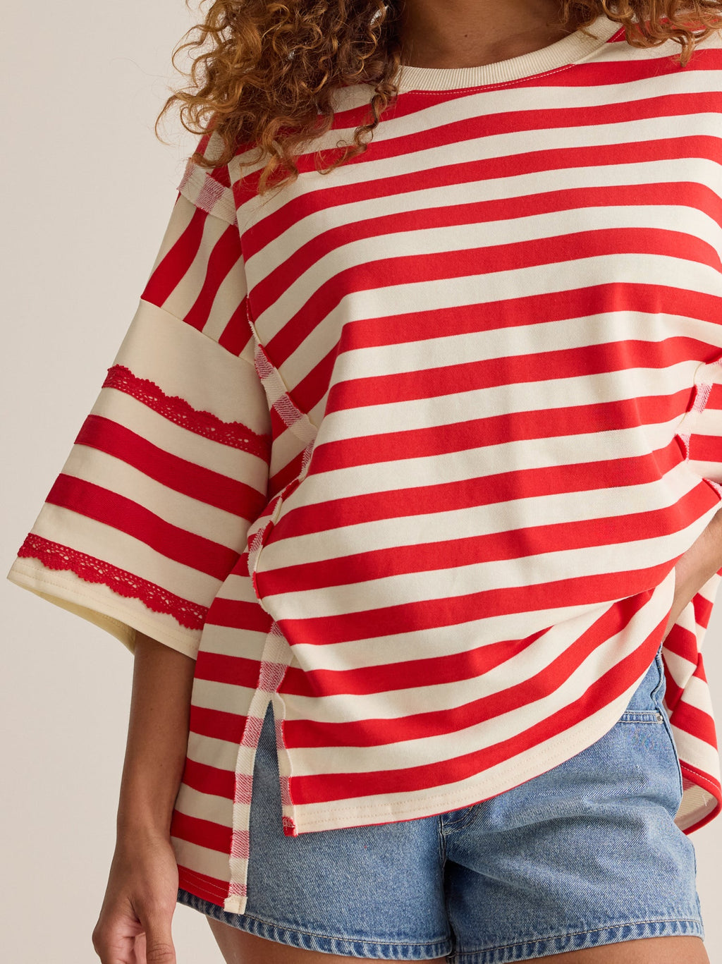Alba Oversized Stripe Lace Trim Top