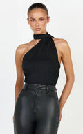 Lucienne Bodysuit - One Shoulder Draped Scarf Bodysuit in Black