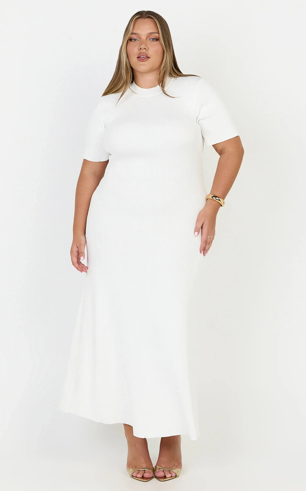 Lanie Midi Dress - Knitted Crew Neck Short Sleeve Dress in Cream