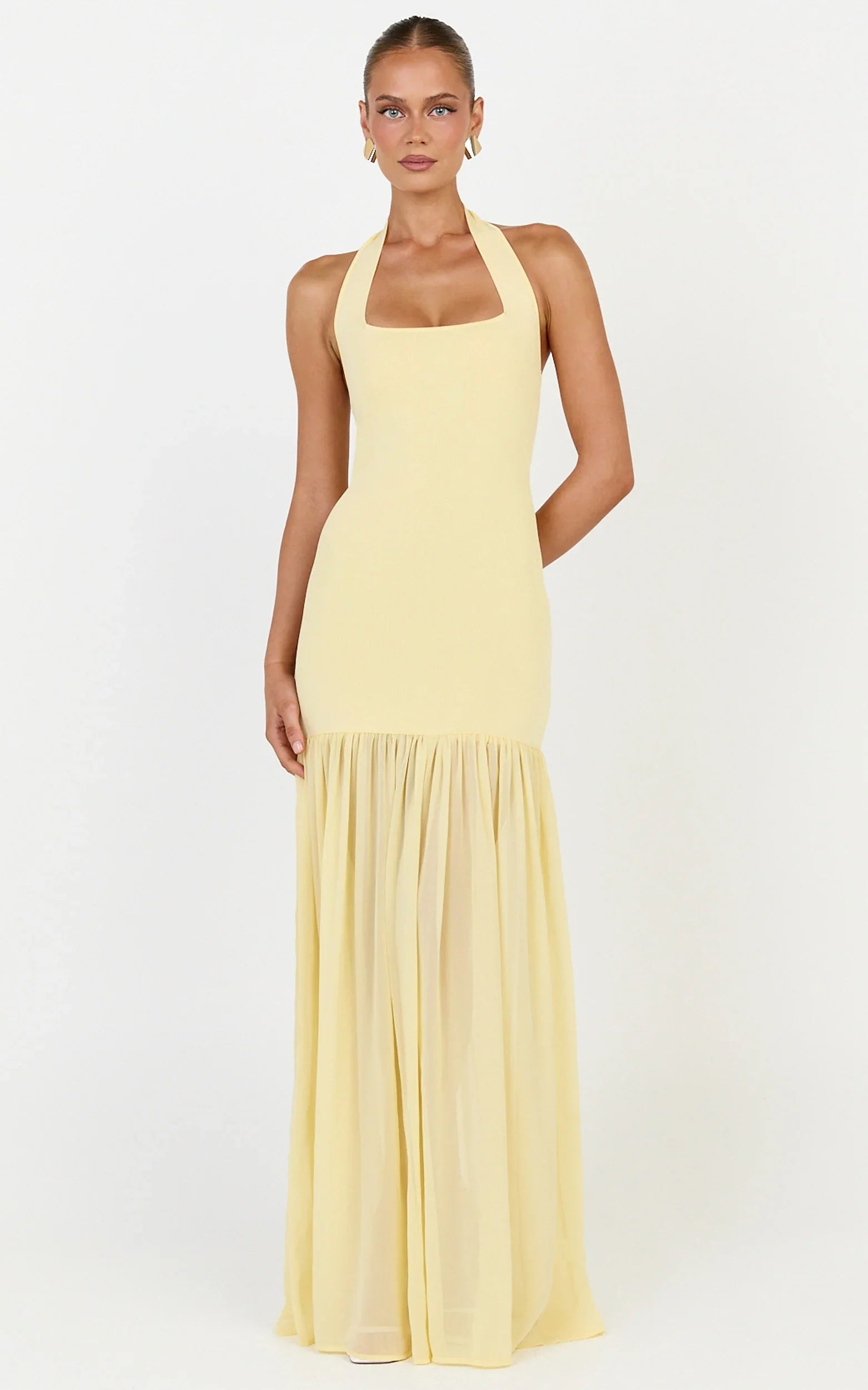 Barbara Maxi Dress - Halter Scoop Neck Contrast Georgette Dress in Lemon