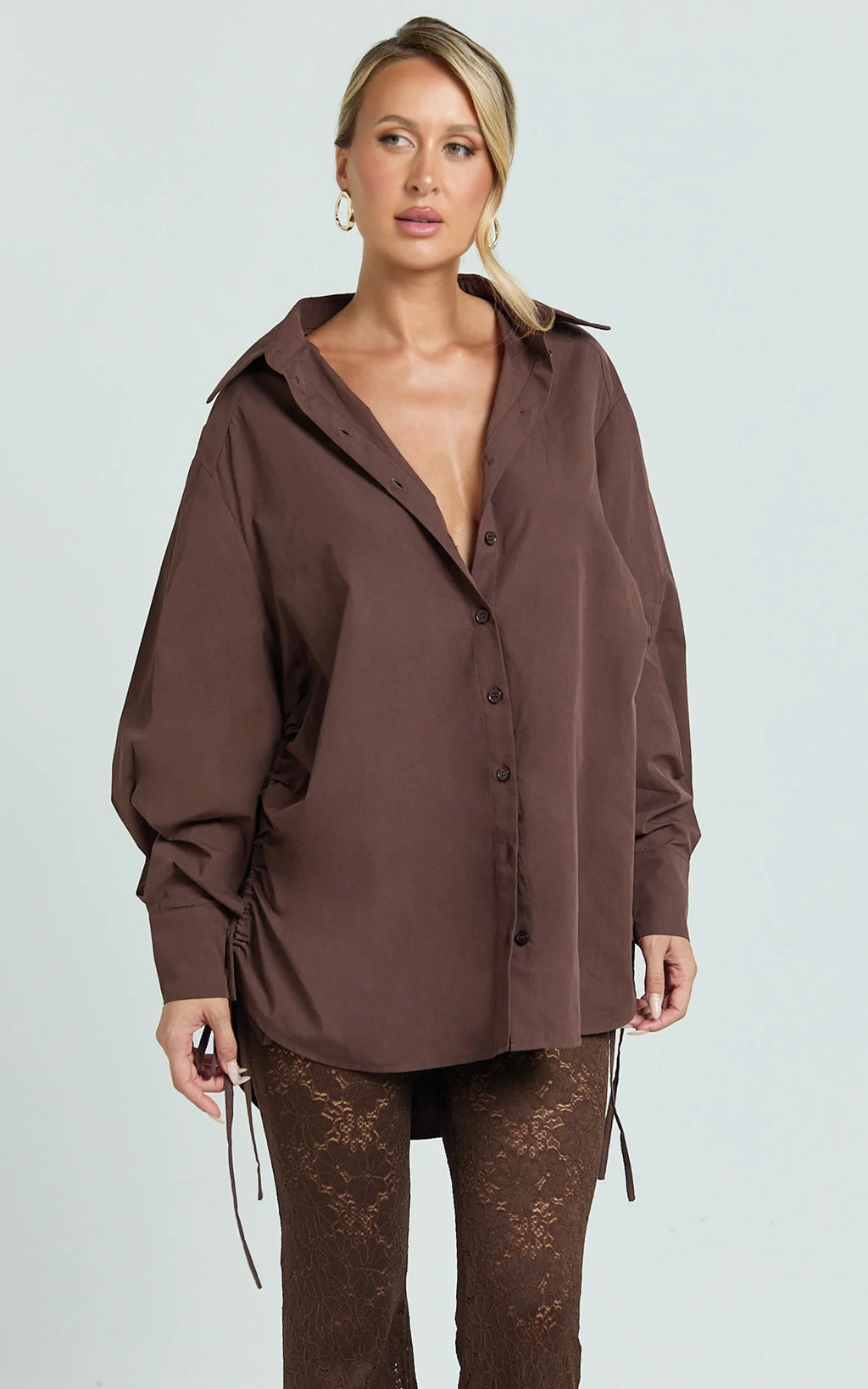 Kalpena Shirt - Ruched Side Oversized Shirt in Chocolate